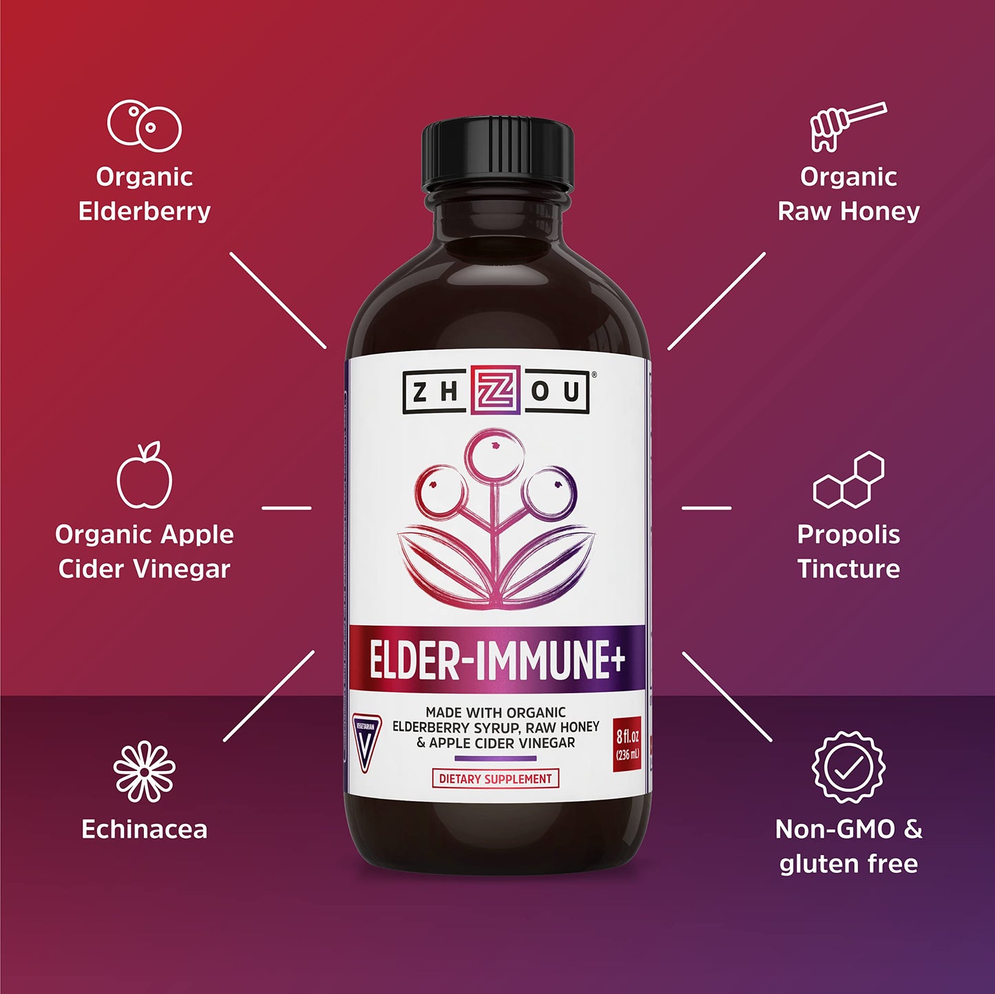 Zhou Nutrition Elder-Mune+ Syrup - Organic Black Elderbery Syrup for Adults, Immune Support Elixir with Apple Cider Vinegar, Echinacea Tincture, Natural Wellness - 8 Fl Oz Glass Bottle