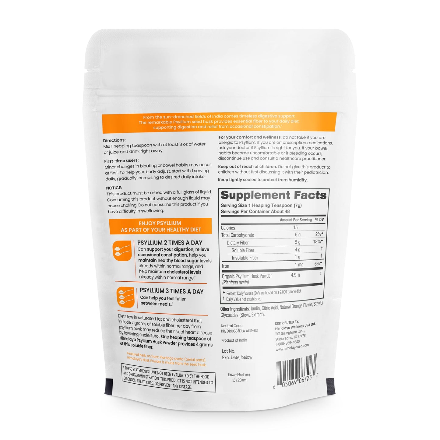 Himalaya Orange Psyllium Husk Powder, Daily Fiber Supplement for Regularity & Digestive Support, Sugar Free, Gluten Free, Vegan, No Artificial Colors, Easy-to-Mix,12 oz (340 g)