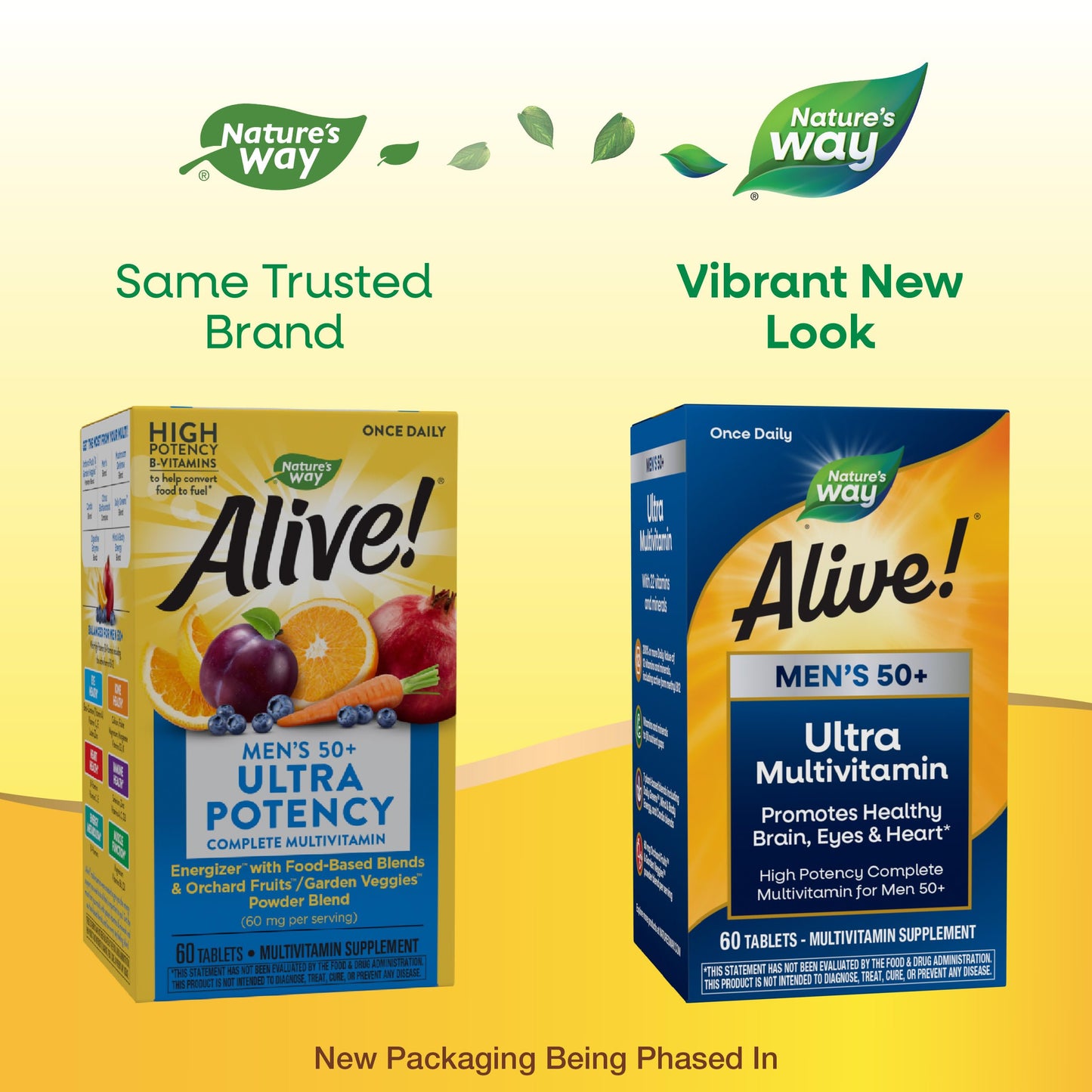 Nature's Way Alive! Men’s 50+ Daily Ultra Multivitamin, High Potency Formula, Supports Healthy Brain, Eyes & Heart*, with Methylated B12, Gluten-Free, 60 Tablets (Packaging May Vary)
