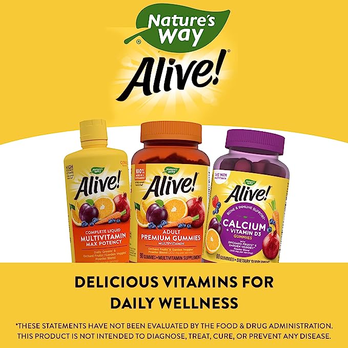 Nature's Way Alive! Premium Calcium + D3 Gummies, Supports Healthy Bones & Muscles*, Strawberry and Raspberry Lemonade Flavored, 60 Gummies