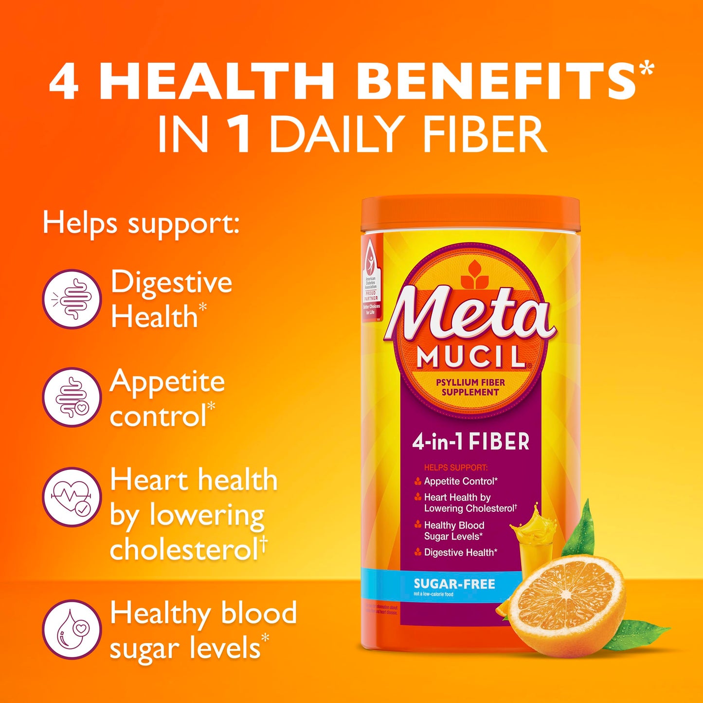 Metamucil 4 in 1 Daily Fiber Supplement Powder, Fiber Powder for Digestive Health and Regularity*, Sugar-Free, Orange, Naturally Sourced Psyllium Fiber, 72 teaspoons