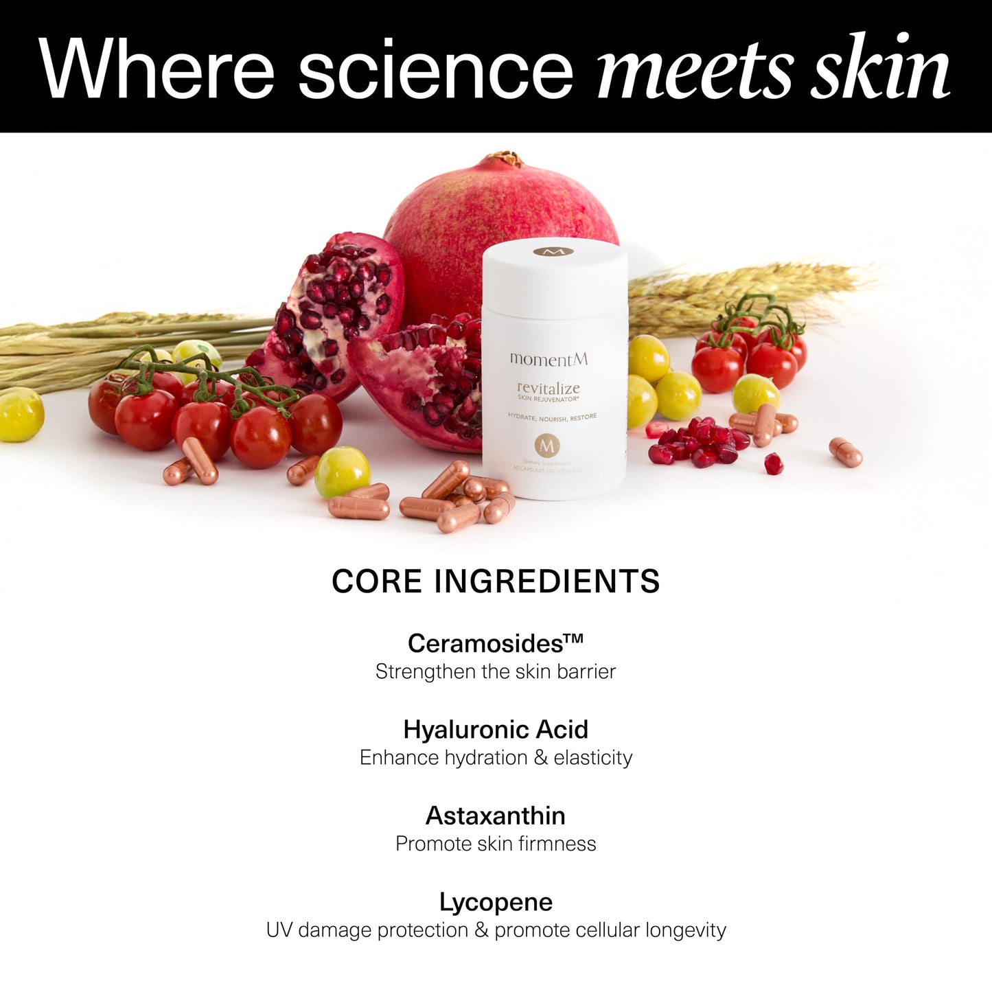 momentM Revitalize with Ceramosides™ & Lycopene for Skin Hydration, Wrinkles, Longevity - Advanced Cellular Rejuvenation Anti Aging Supplement - Hair Skin and Nails Vitamins - Made in USA - 60 Capsule