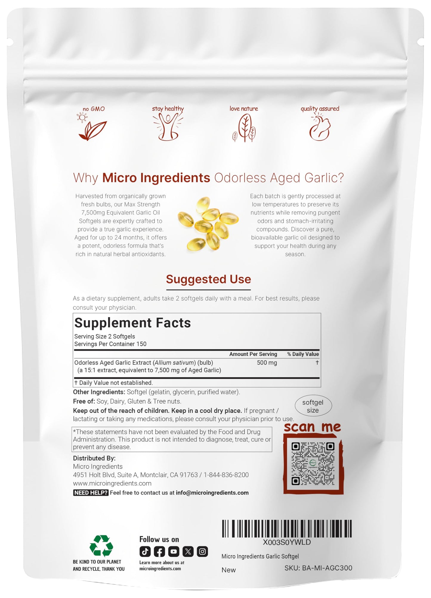 Micro Ingredients Odorless Garlic 7500mg Per Servings, 300 Softgels | 2 Years Aged Garlic Extract, Grown Allium Sativum Bulb | Potent Antioxidant Supplement, Immune Support, and Heart Health