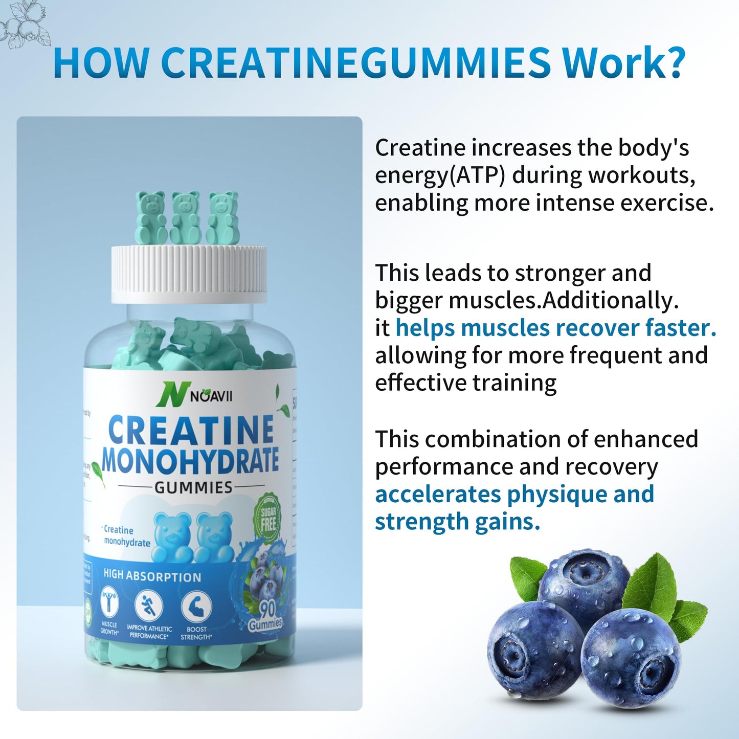 NOAVII Creatine Monohydrate Gummies 5000mg for Men & Women, Chewables Creatine Monohydrate for Muscle Strength, Muscle Builder, Energy Boost, Pre-Workout Supplement(90 Count)-Blueberry