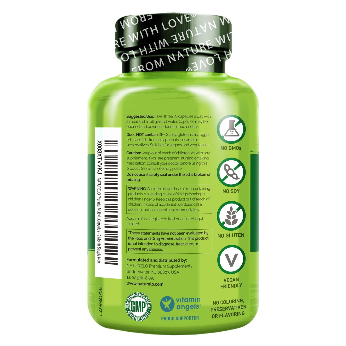 NATURELO Prenatal Multivitamin with Gentle Chelated Iron, Methyl Folate, Plant Calcium & Choline - Vegan, Vegetarian - Non-GMO - Gluten Free - 180 Capsules - 2 Month Supply