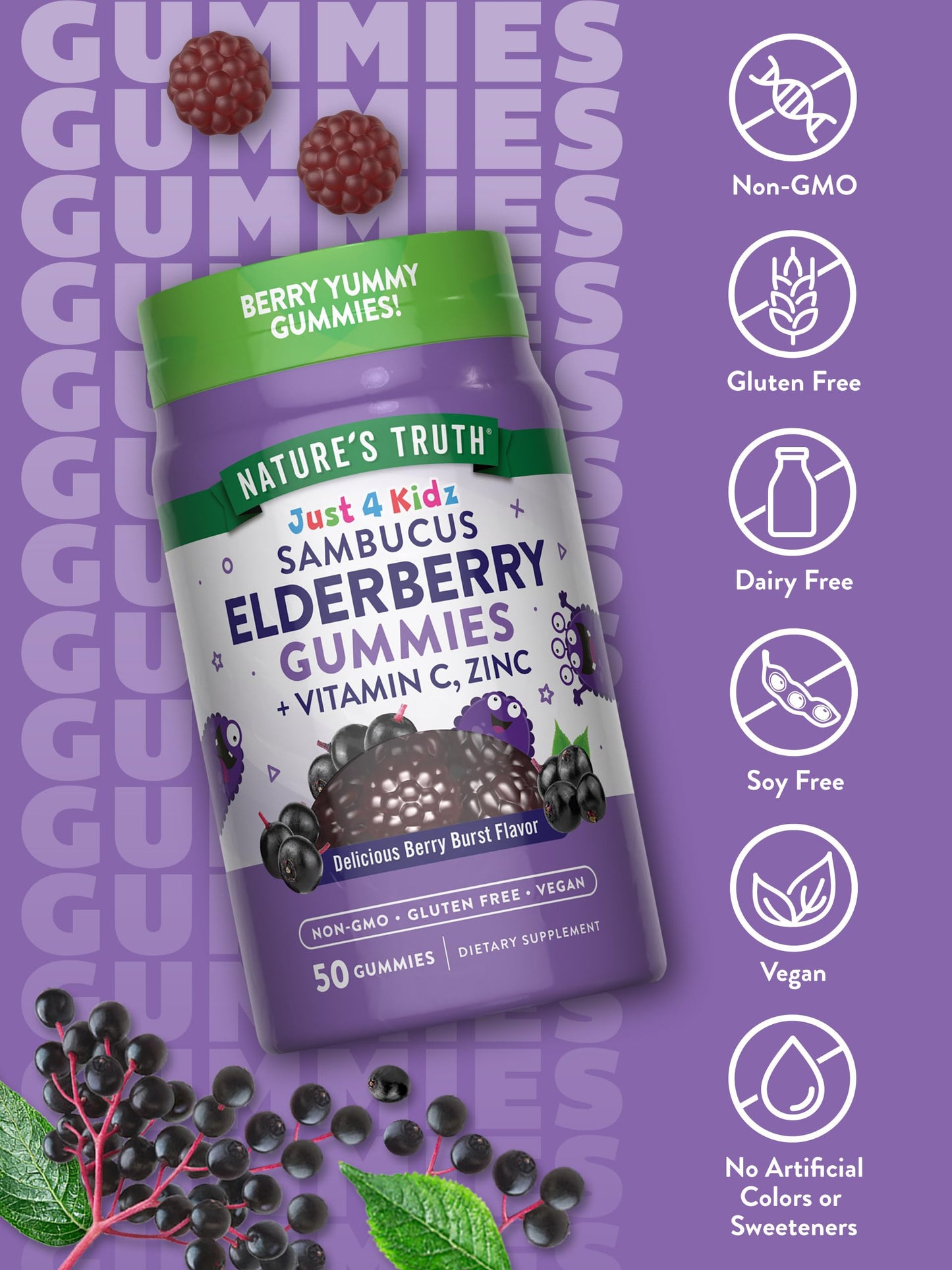 Nature's Truth Kids Elderberry Gummies | 50 Count | with Zinc and Vitamin C | Vegan, Non-GMO & Gluten Free Supplement