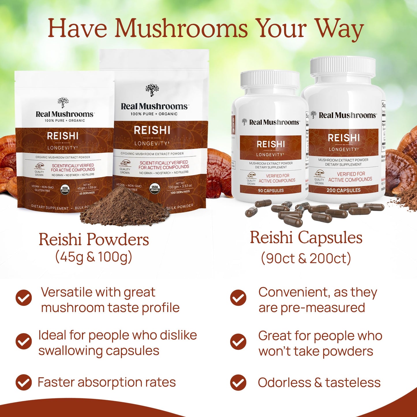 Real Mushrooms Reishi Mushroom Powder - Handpicked Organic Mushroom Extracts - Red Reishi for Tranquil Daily Wellness, Verified Beta Glucans – Vegan Non-GMO Mushrooms Supplement Organic– 100 Servings
