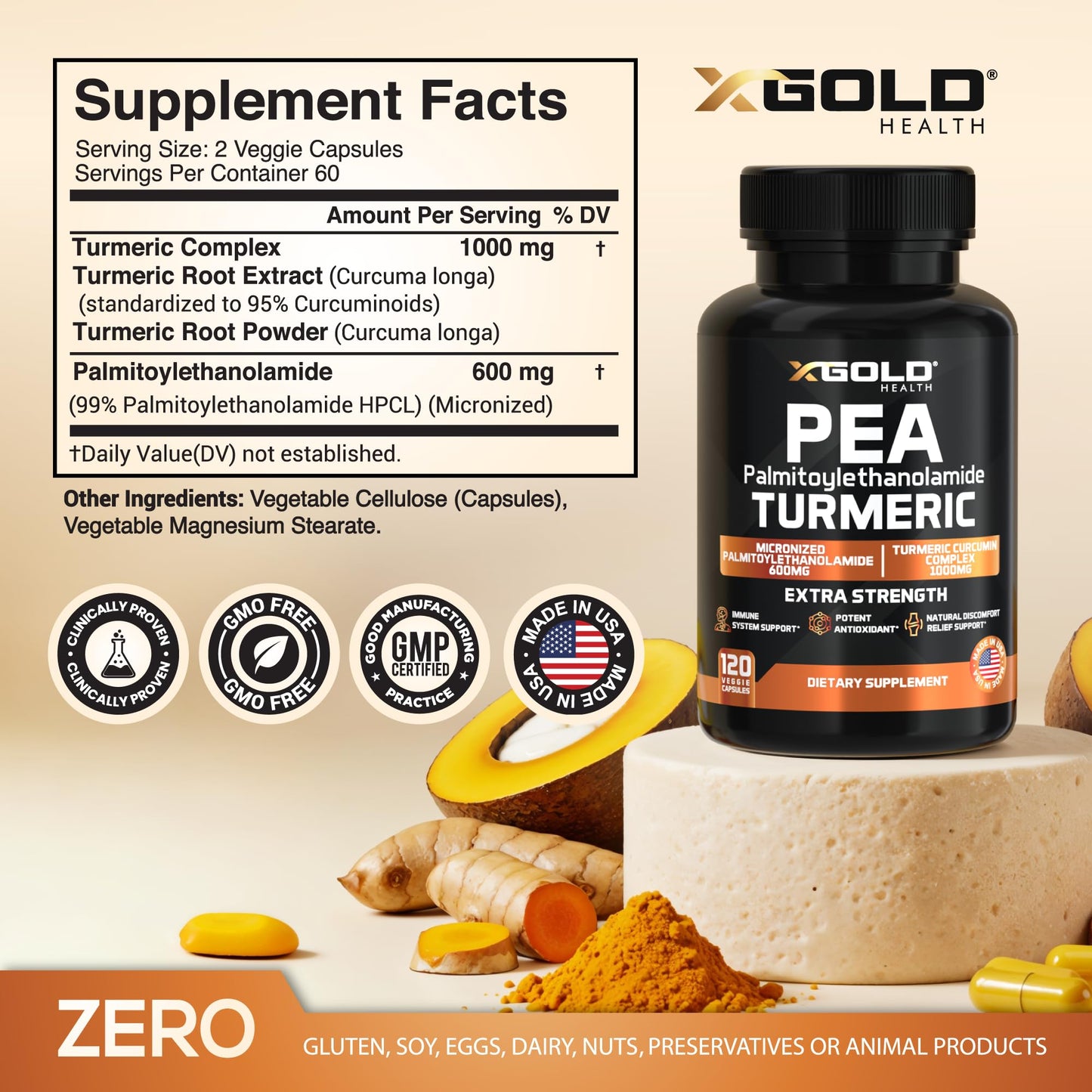 Palmitoylethanolamide 600mg + Turmeric Curcumin Complex 1000mg: Micronized Pea 99% Highly Purified and Bioavailable - Made in USA - Supplement for Men and Women - 120 Veggie Capsules