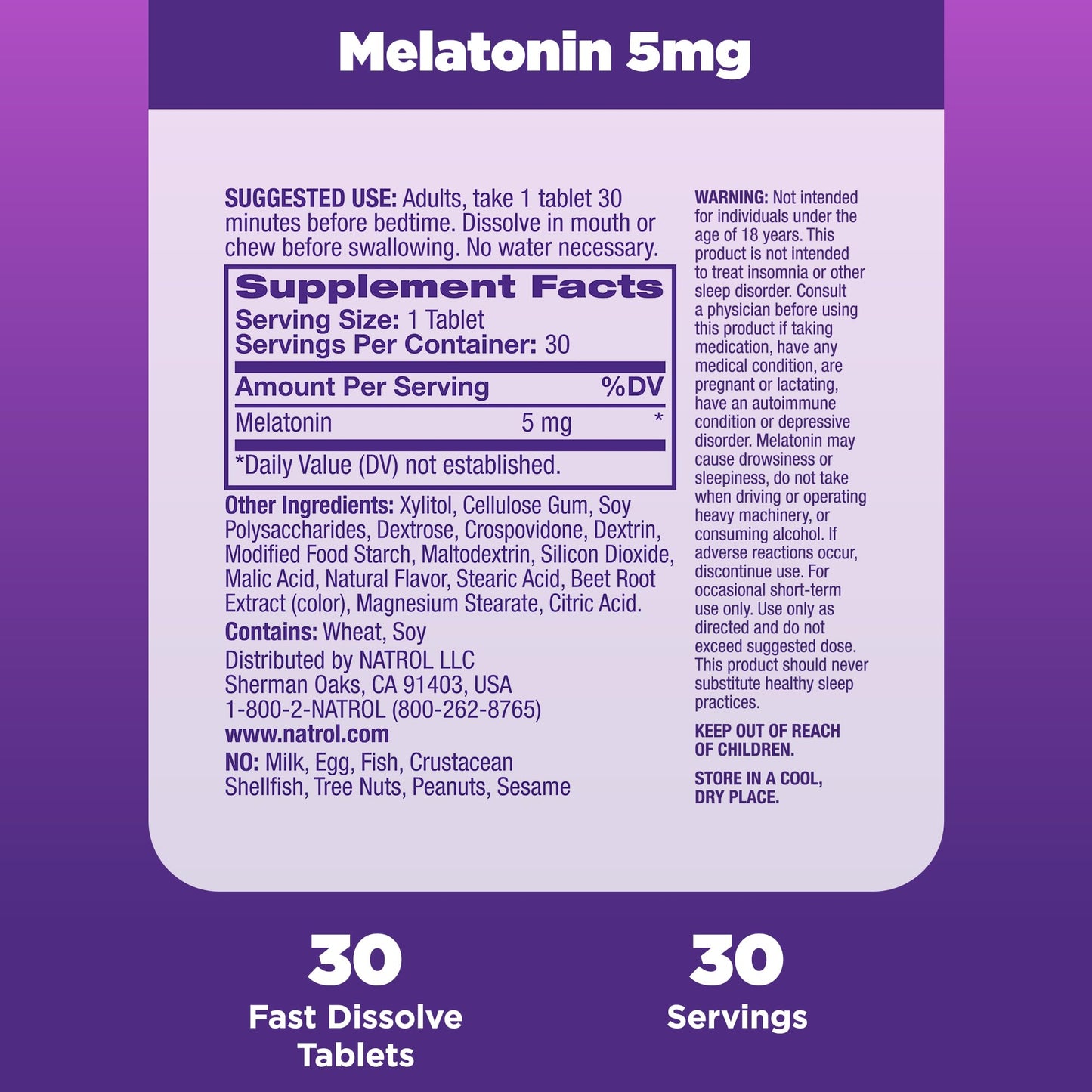 Natrol Sleep Melatonin 5mg Fast Dissolve Tablets, Nighttime Sleep Aid for Adults, 30 Strawberry-Flavored Melatonin Tablets, 30 Day Supply