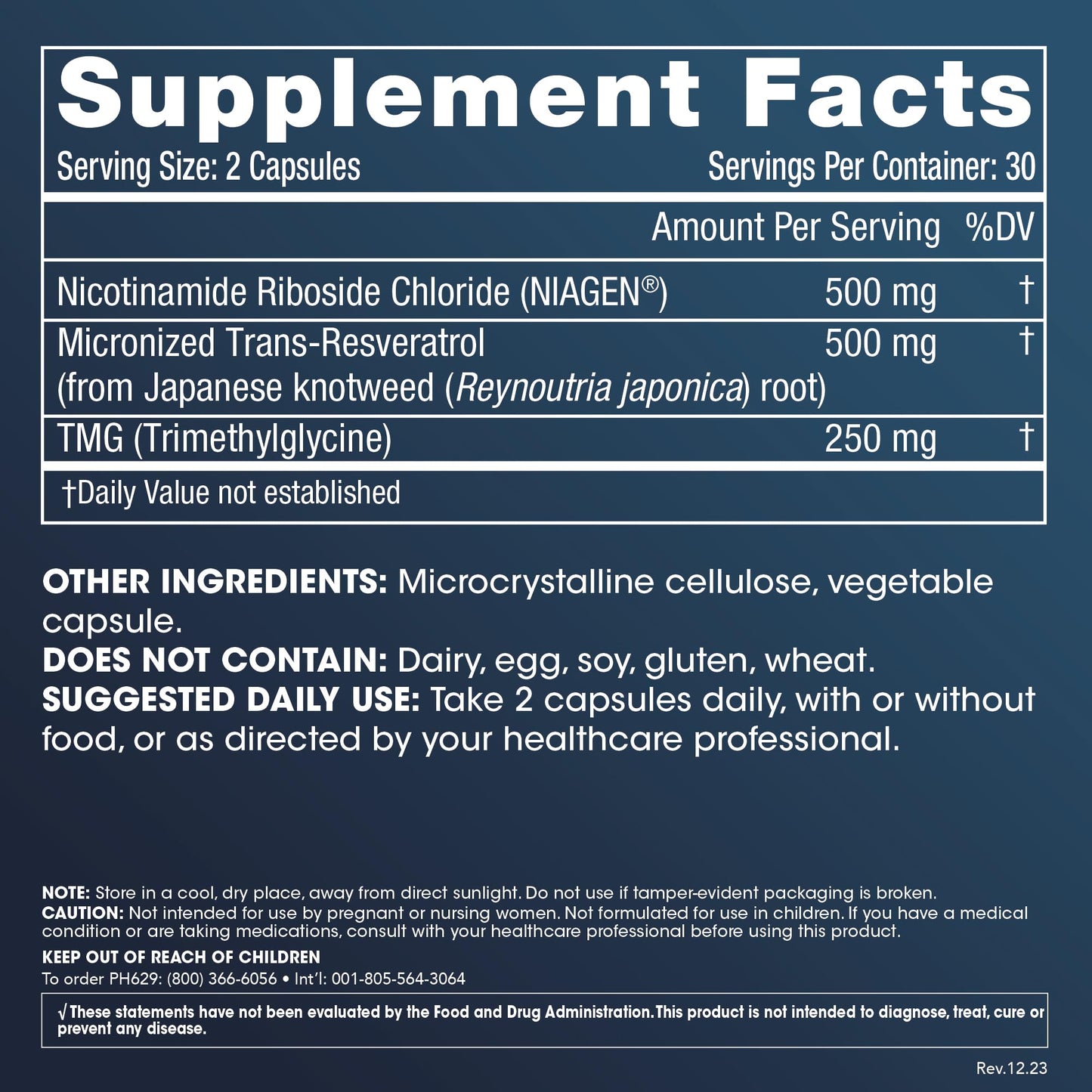 ProHealth Nicotinamide Riboside Pro Complete NAD Supplement. 500mg Patented Niagen NR (The Active Ingredient in NMN), Plus 250mg TMG, Plus 500mg Trans-Resveratrol. Equal to 690mg of NMN. 30 Servings