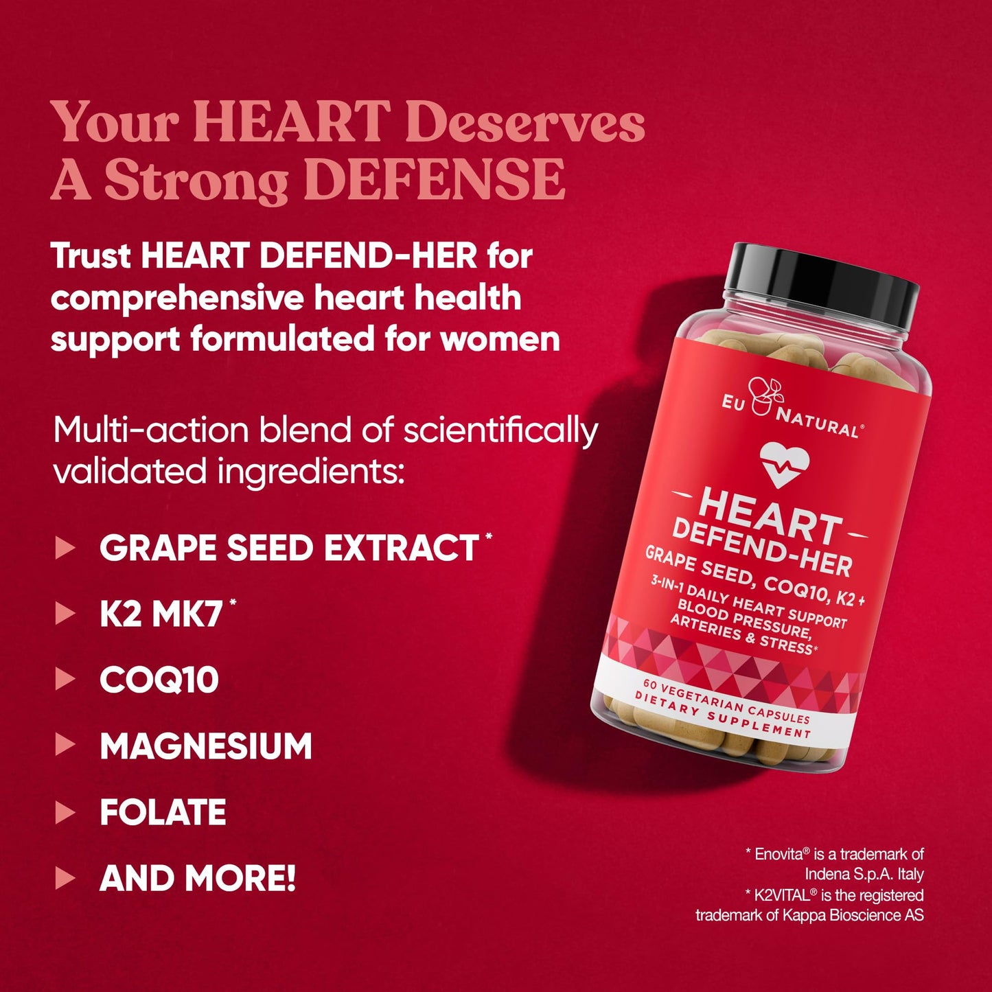 Heart Defend-Her Womens Heart Health Supplements – Advanced 3-in-1 Blend with Grape Seed Extract, Vitamin K2 MK-7, and CoQ10 – Support Blood Pressure, Artery and Bone Strength – 60 Vegetarian Capsules