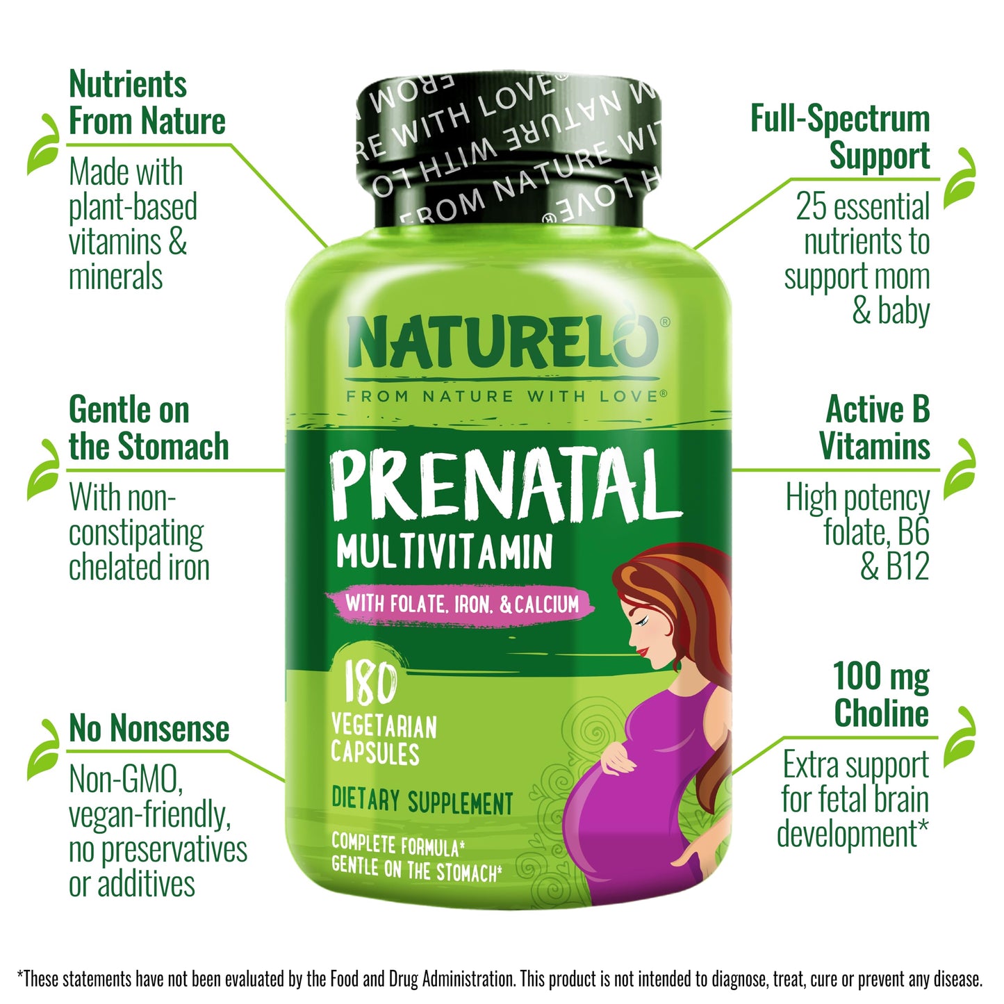 NATURELO Prenatal Multivitamin with Gentle Chelated Iron, Methyl Folate, Plant Calcium & Choline - Vegan, Vegetarian - Non-GMO - Gluten Free - 180 Capsules - 2 Month Supply