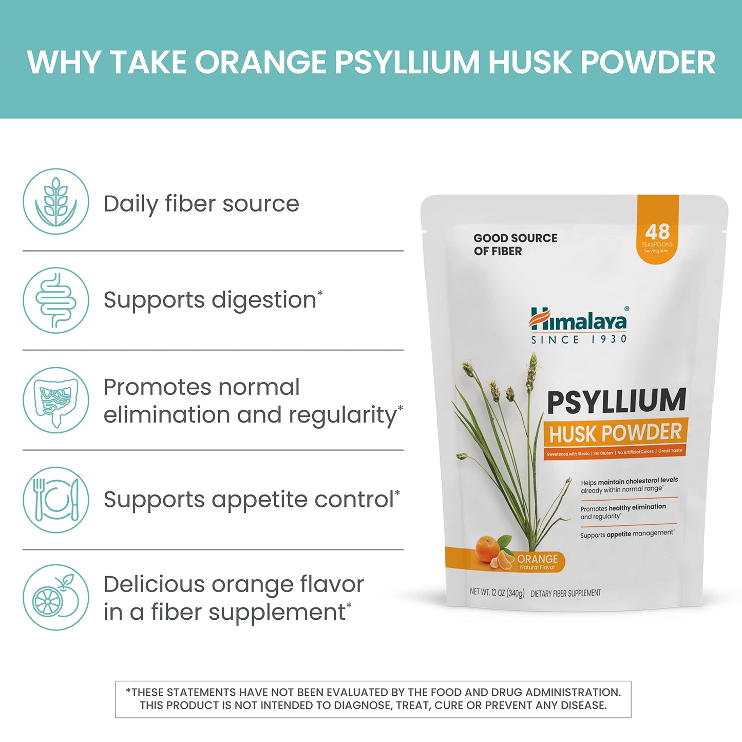 Himalaya Orange Psyllium Husk Powder, Daily Fiber Supplement for Regularity & Digestive Support, Sugar Free, Gluten Free, Vegan, No Artificial Colors, Easy-to-Mix,12 oz (340 g)