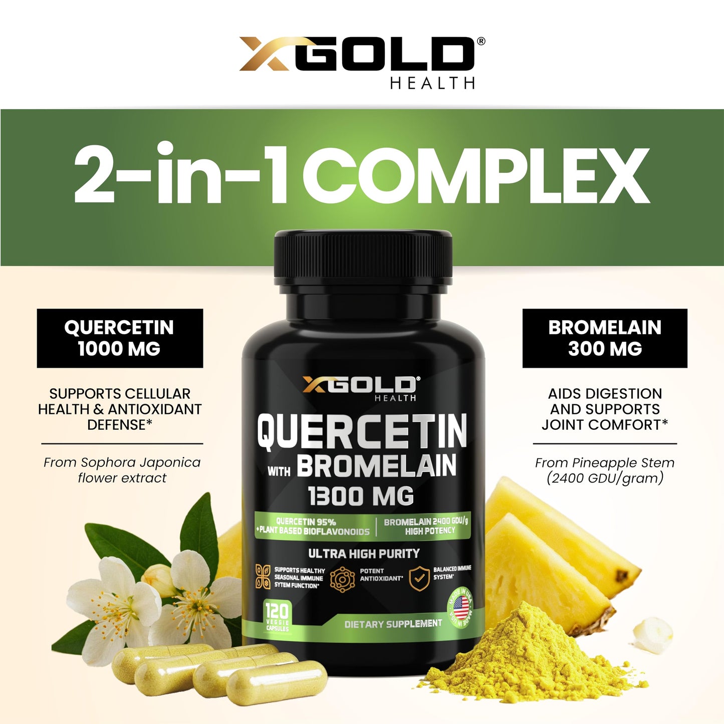 Quercetin + Bromelain 1,300mg – Quercetin: 95% - Highly Purified and Highly Bioavailable Plus Bromelain 2,400 GDU/g - Made in USA | 120 Caps