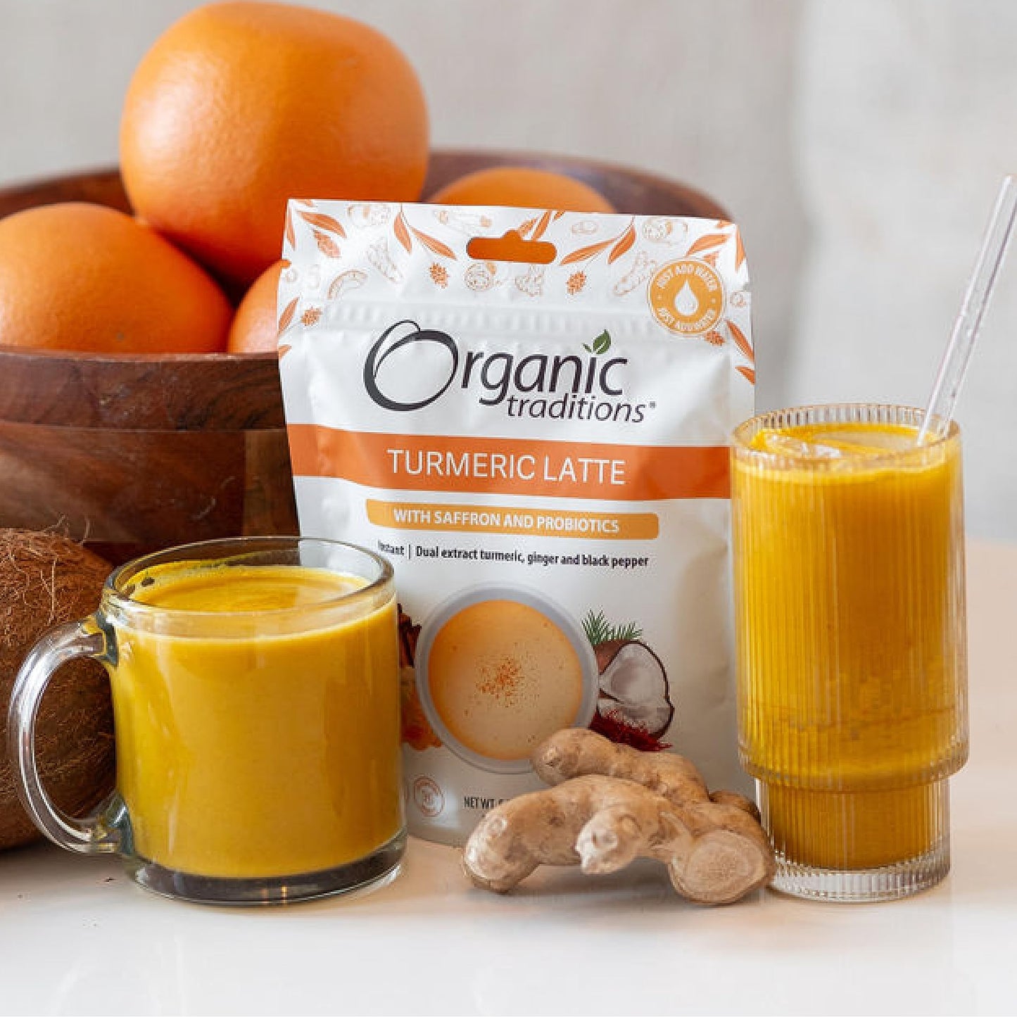 Organic Traditions Turmeric Latte – Creamy Coconut Milk Base – Saffron & Turmeric Blend – Easy to Mix – Sweetened with Coconut Palm Sugar – 1 Billion Probiotics per Serving - 150g/5.3oz Bag