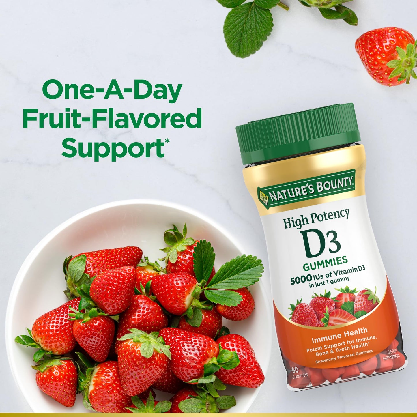 Nature's Bounty Vitamin D 5000 IU Gummies, Vitamin D3 High Potency Immune Support & Bone Health Supplement, 5000 IU in 1 Gummy, Strawberry Flavor, 2 Month Supply, 60 Vegetarian Gummies for Adults