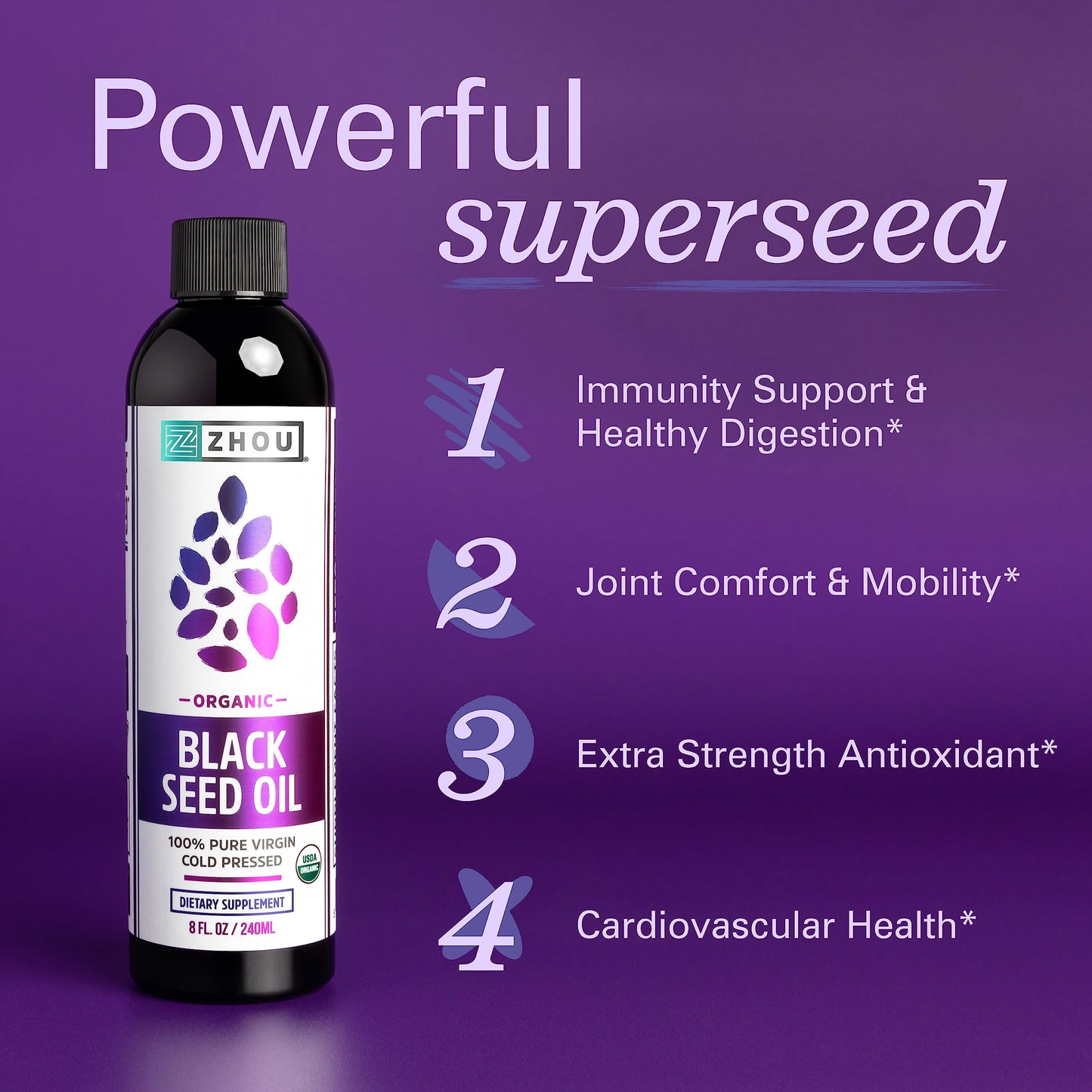 Zhou Organic Black Seed Oil - Black Cumin Seed Oil Cold Pressed, Nigella Sativa, Pure Unrefined Blackseed Liquid, Premium Supplement for Health with Thymoquinone, Omega 3 6 9 - 8 Fl Oz (Pack of 1)