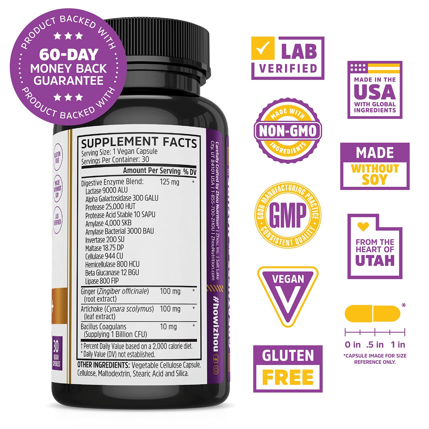 Zhou Nutrition Bloat Blast+ - Digestive Support Supplement for Women & Men, Digestive Enzymes with Probiotics for Gut Health - 30 Veggie Capsules