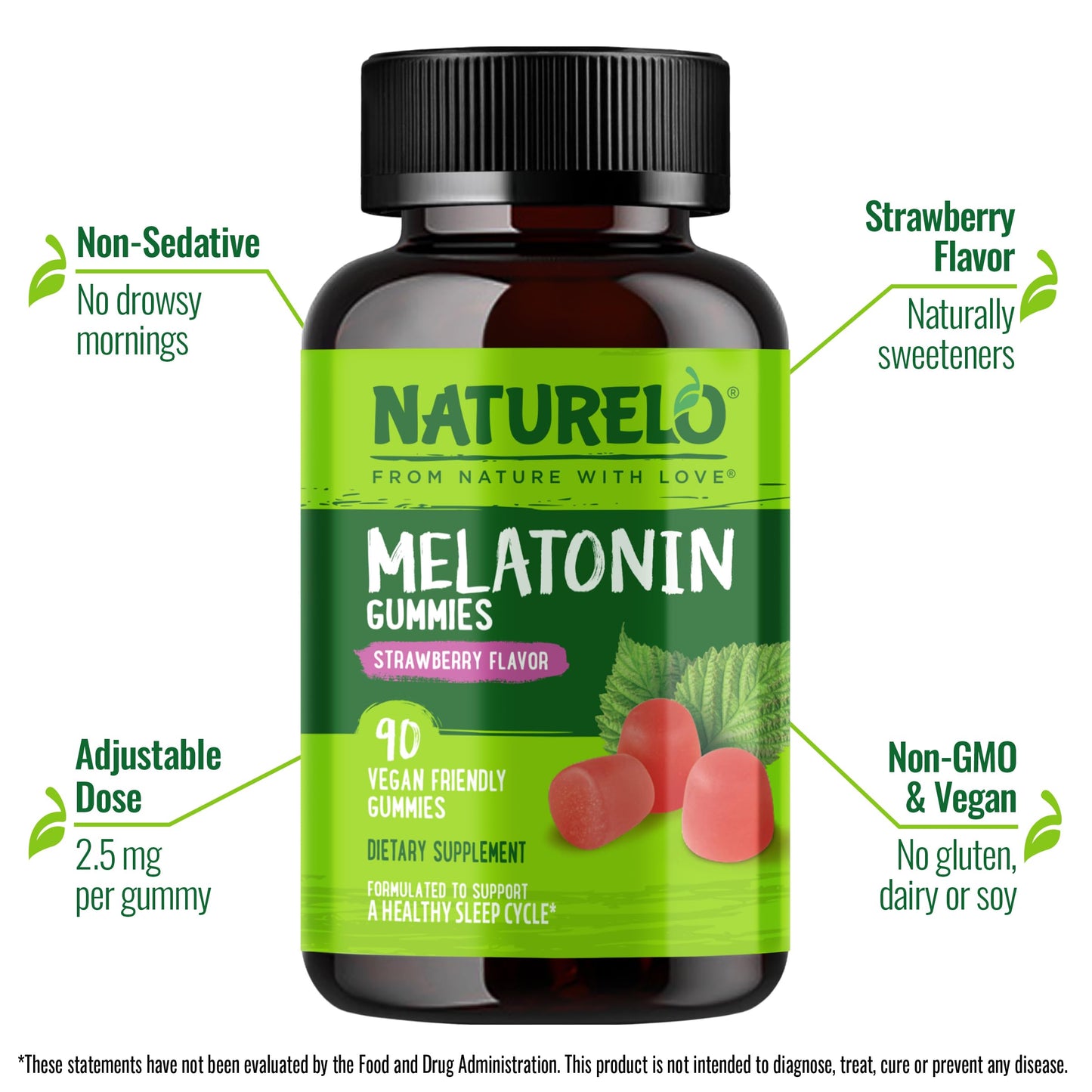 NATURELO Melatonin Gummies – Non-GMO, Gluten-Free, Soy Free - Strawberry Flavor - Gentle Sleep Supplement - 90 Vegetarian Gummies