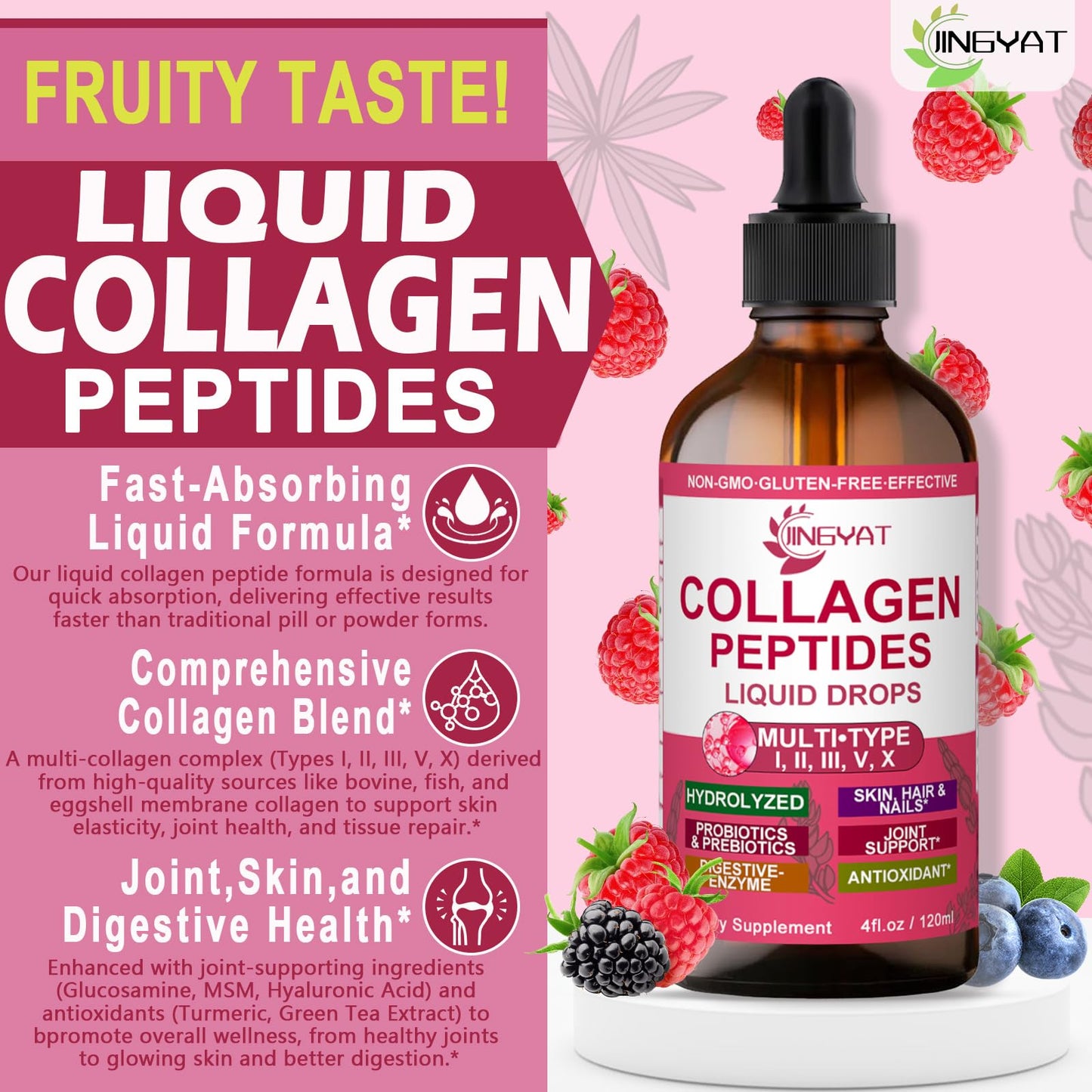 Collagen Peptides Liquid Drops, Multi Collagen Peptides for Women w/ Glucosamine Chondroitin MSM Biotin, Hydrolyzed Collagen Peptides Supports Skin Hair Nail Joints Bones Gut Health, 60 Servings