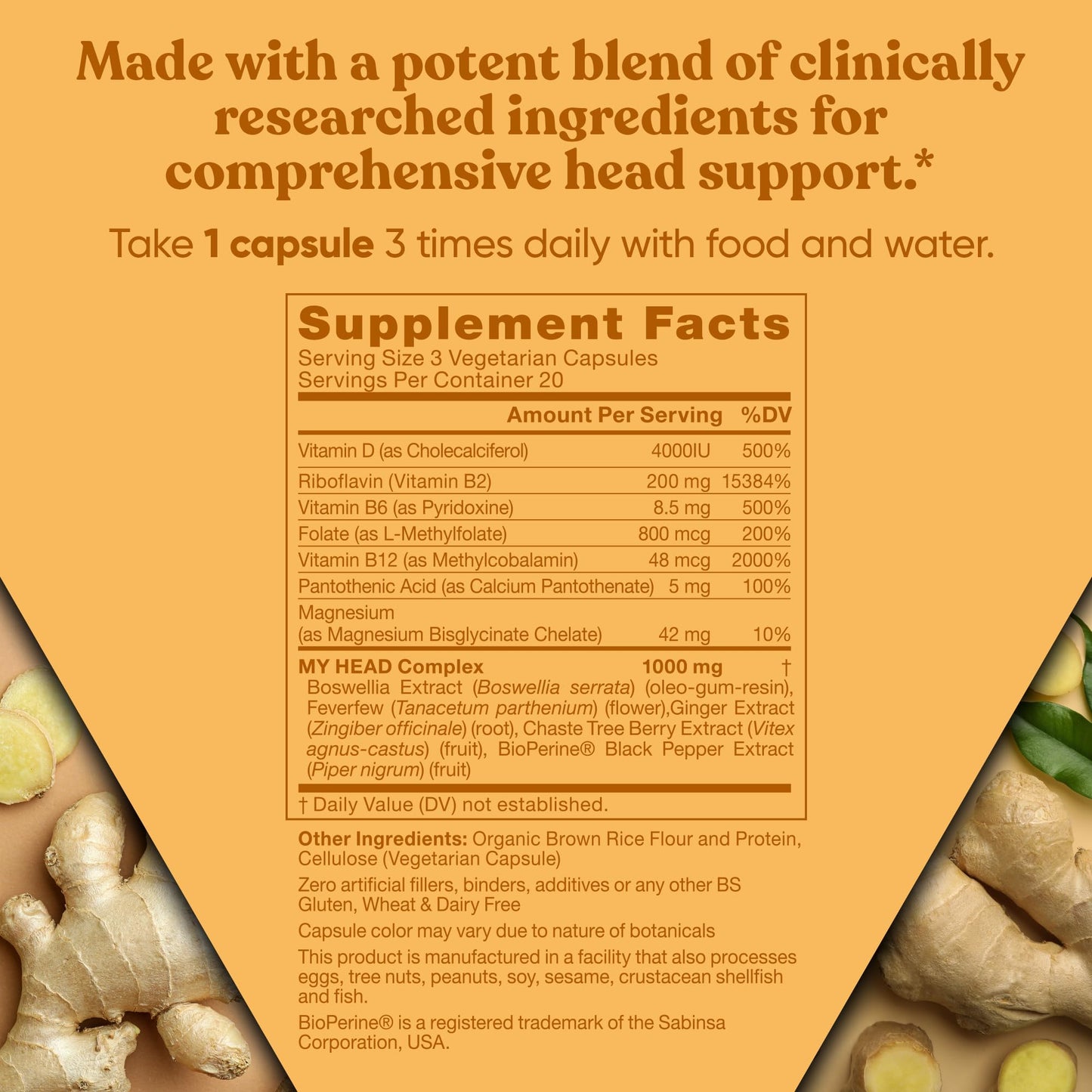 My Head! Headache Vitamins – Sensitivity, Tension, Comfort, Healthy Head Function for A Clear Mind – Fast acting Magnesium, Feverfew, Boswellia, Vitamin D, Ginger, & More – 60 Soft Capsules