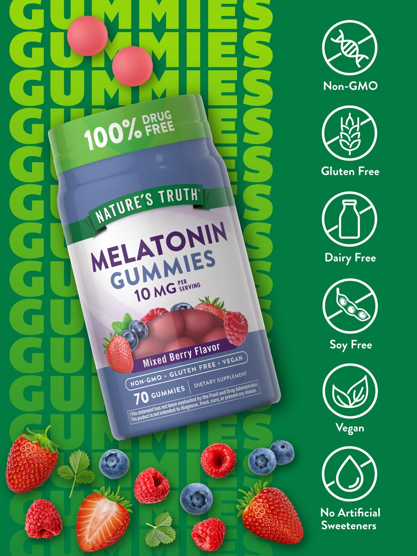 Nature's Truth Melatonin 10mg Gummies | 70 Count | Berry Flavor | Vegan, Non-GMO, and Gluten Free Supplement