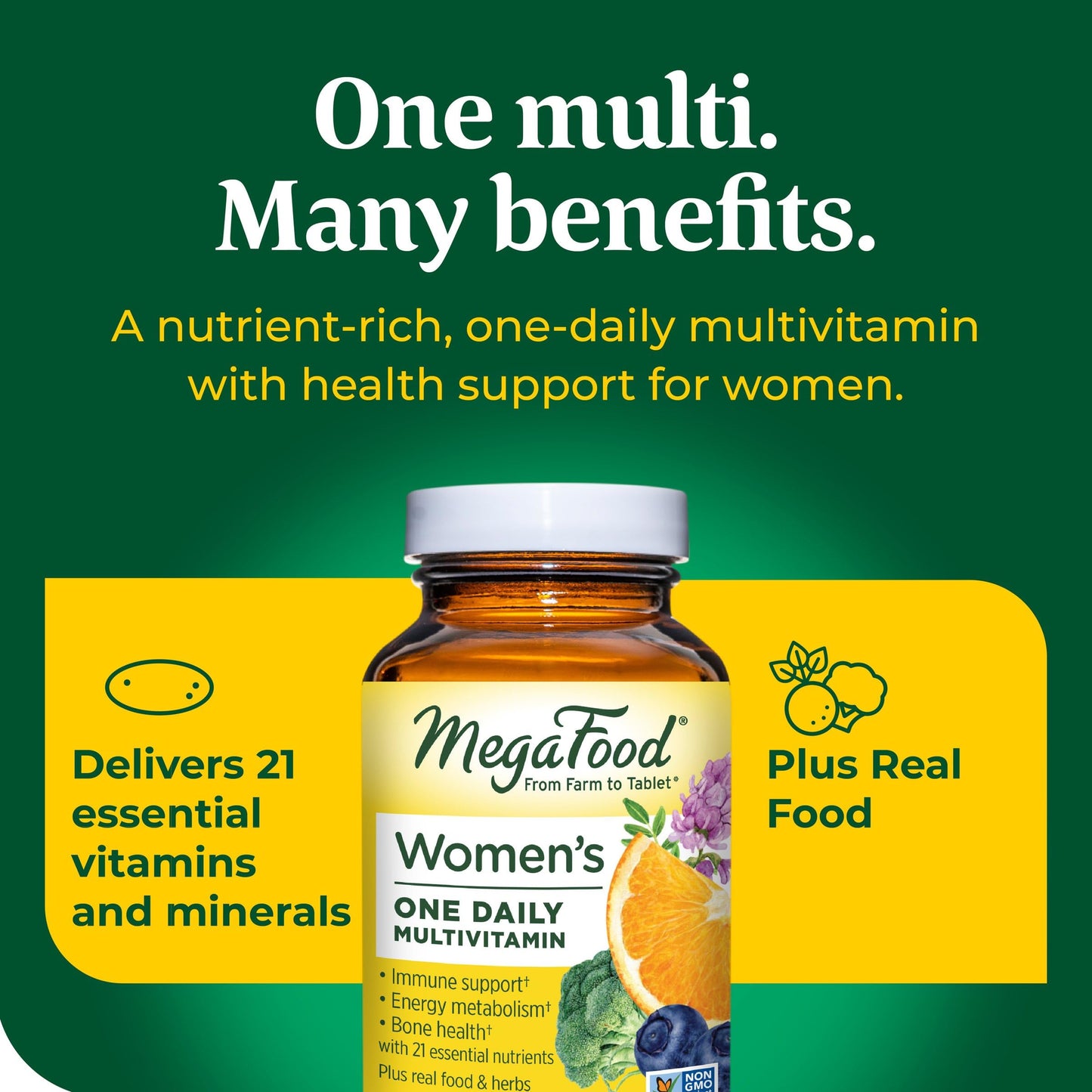 MegaFood Womens Multivitamin One Daily - Multivitamin for Women - Vitamin C, Vitamin D, Iron & B Vitamins - Bone, Energy Metabolism & Immune Support - Vegetarian, GlutenFree - 60 Tablets, 60 Servings
