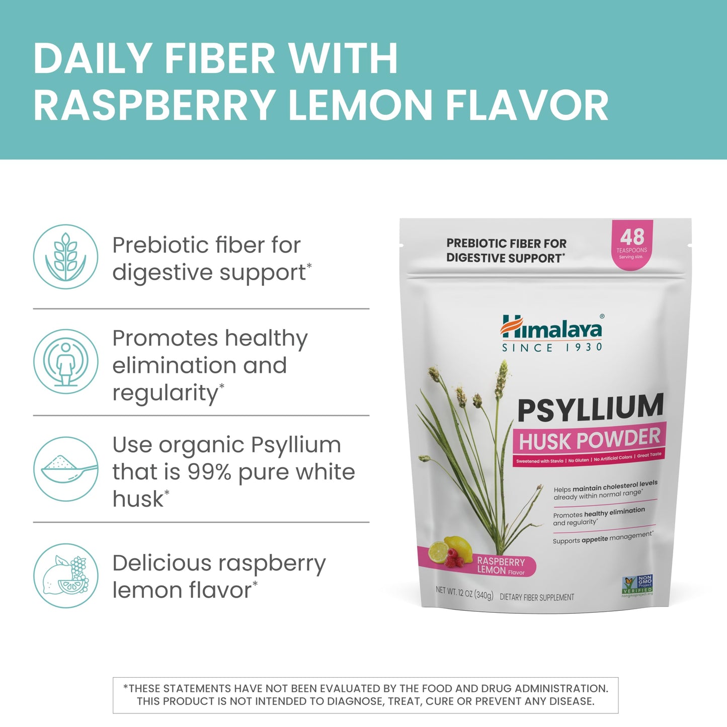 Himalaya Raspberry Lemon Psyllium Husk Powder, Daily Fiber Supplement for Digestive Health & Regularity, Sugar-Free, Gluten-Free, Vegan, No Artificial Colors, Easy-to-Mix, 12 oz (340 g)