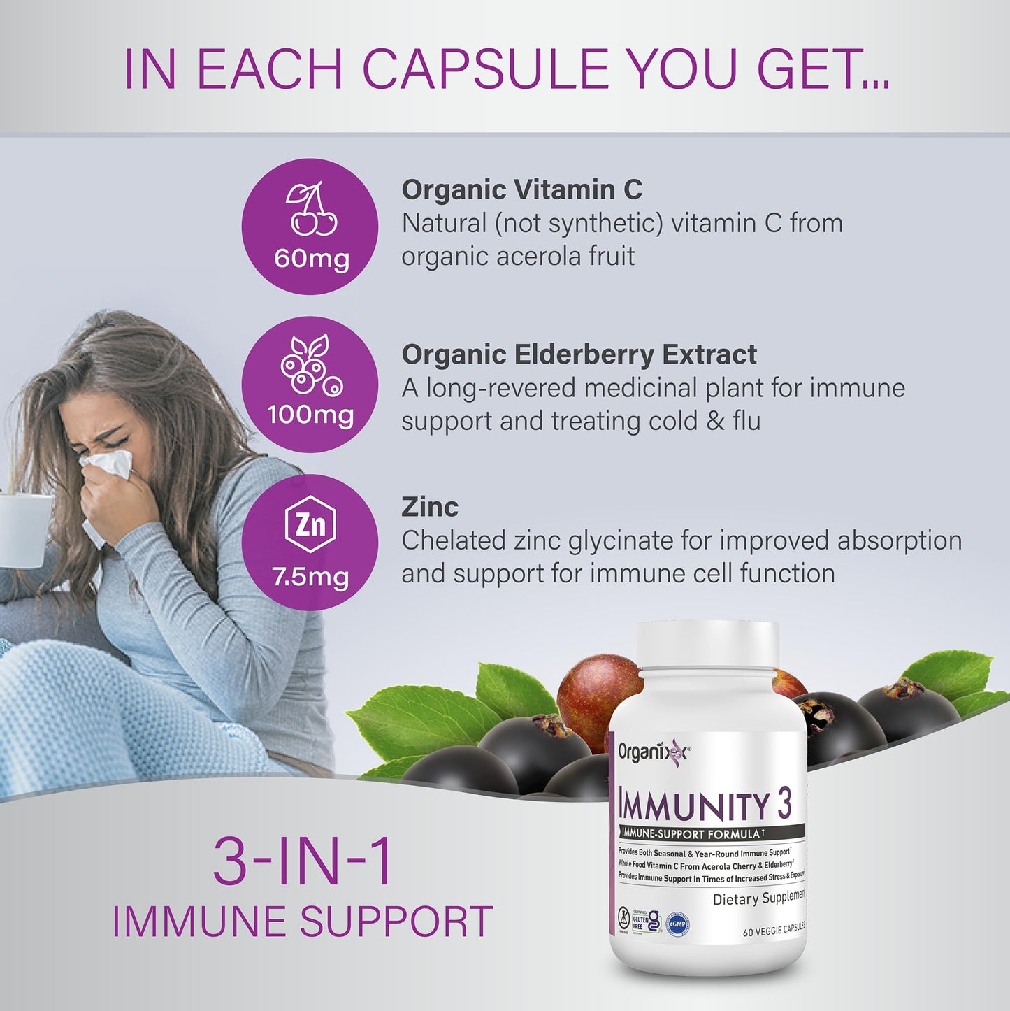 Organixx Immunity 3 Immune Support Supplement – Vitamin C, Zinc, Elderberry – Whole Food Immune Defense for Adults & Kids, Greater Absorption, Non GMO, 60 Capsules