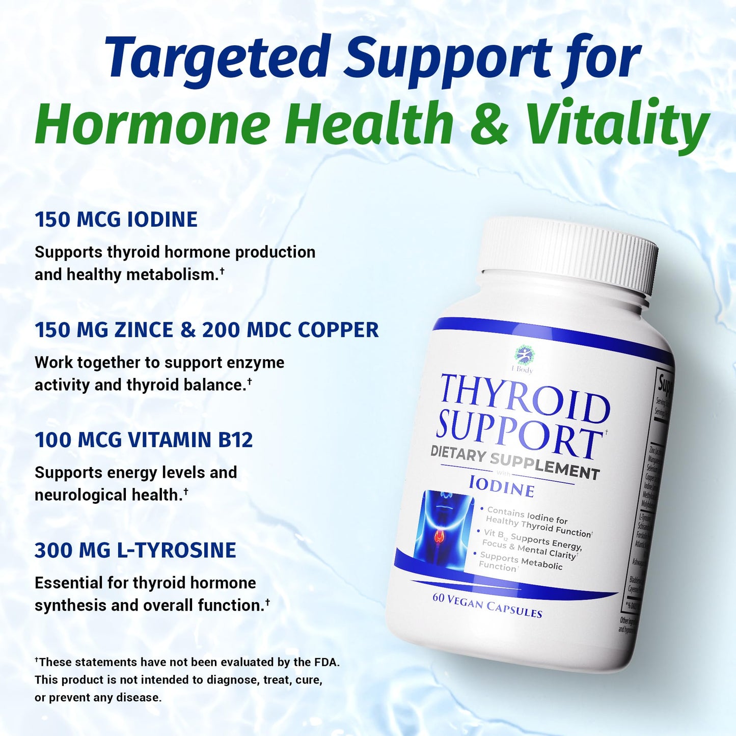 1 Body Thyroid Support Supplement with Iodine, B12, Zinc, Selenium, Ashwagandha, Non-GMO, Vegetarian, 30 Day Supply