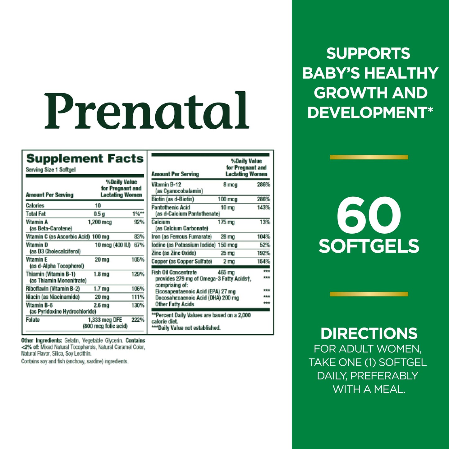 Nature's Bounty Prenatal Multivitamin, Supports Baby's Healthy Growth and Development, with 200mg DHA, 60 Softgels