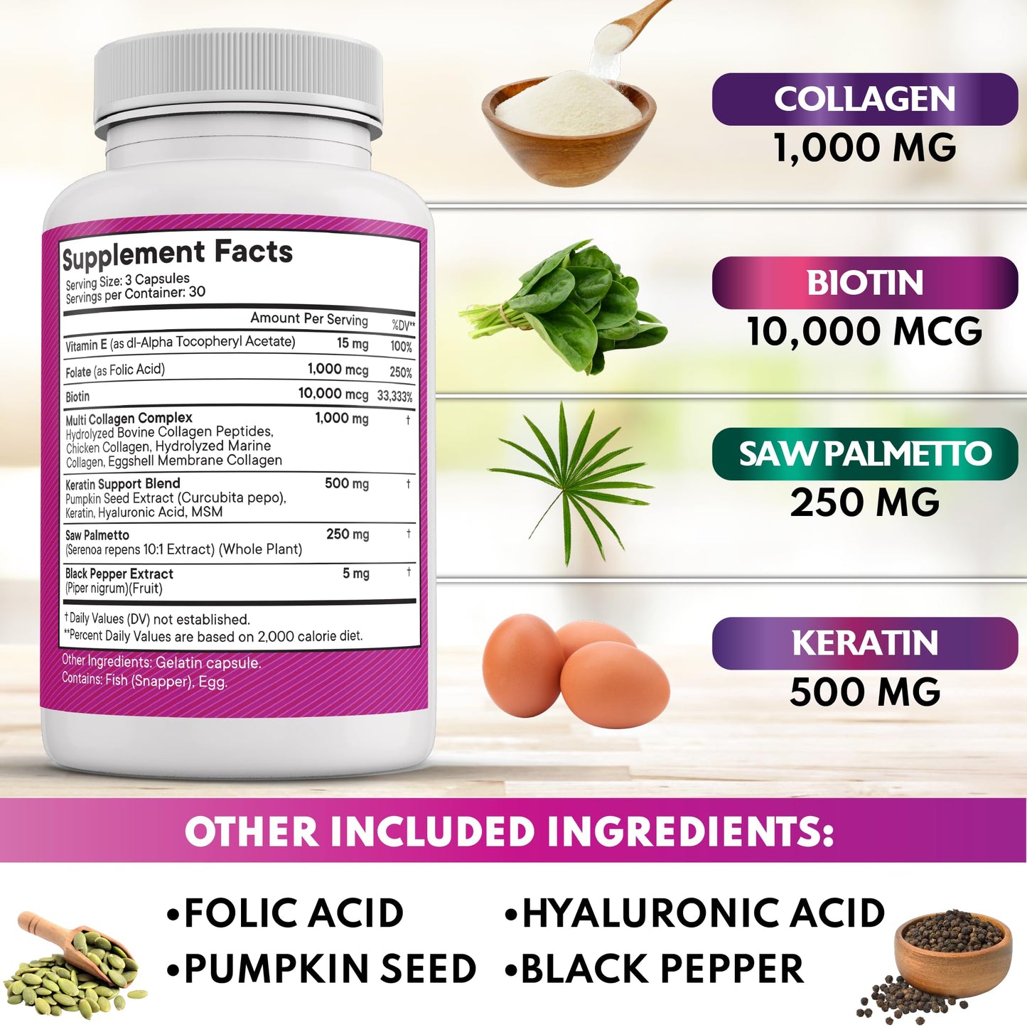 NEW AGE Collagen Pills Biotin Keratin Saw Palmetto Hyaluronic Acid - Hair Skin and Nails Vitamins and DHT Blocker with Vitamin E Folic Acid Pumpkin Seed MSM- 90 Count