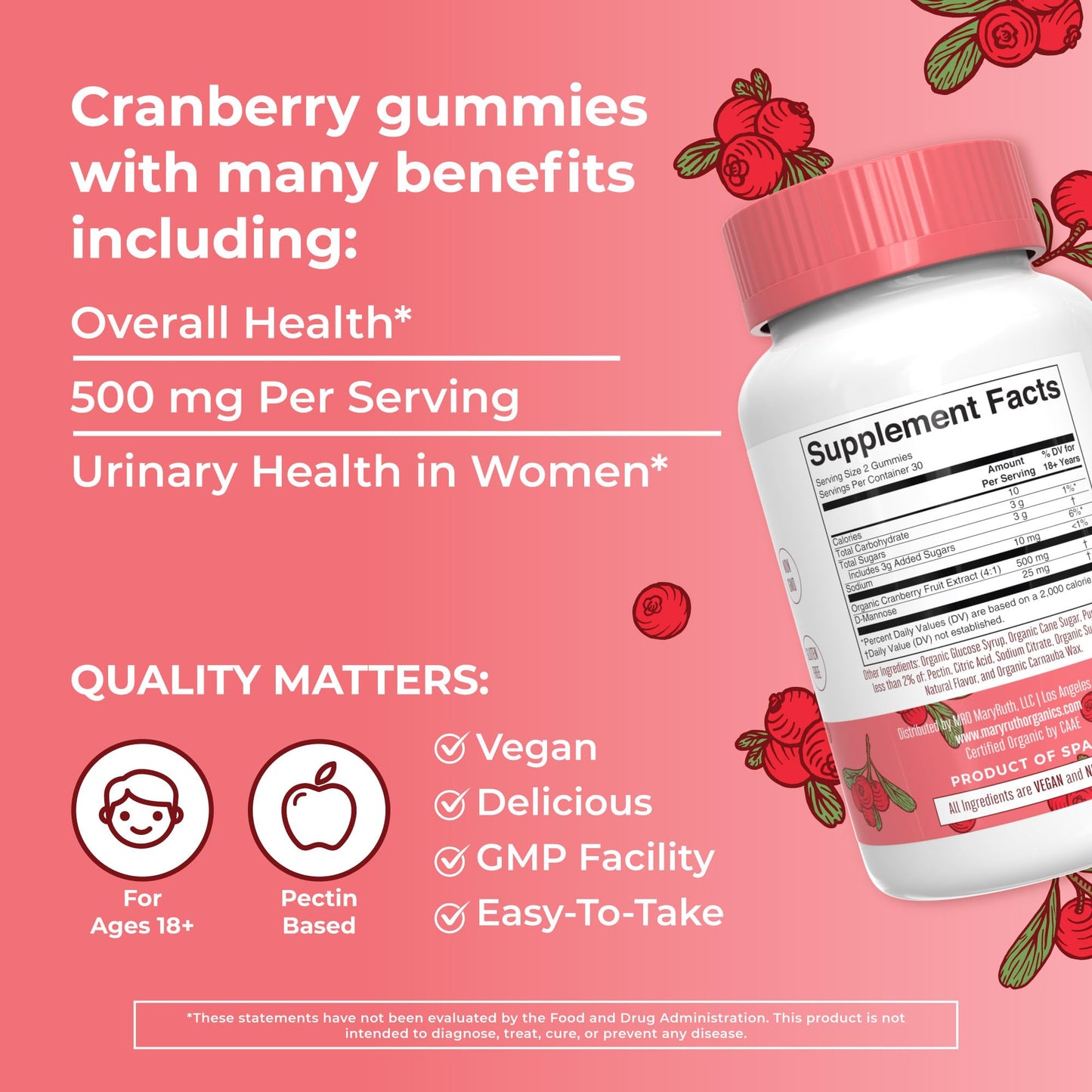 Organic Cranberry Gummies by MaryRuth's | 500mg Cranberry Supplement | Urinary Tract Health for Women | with D Mannose | Traditional Use | USDA Organic | Vegan | Non GMO | 30 Servings