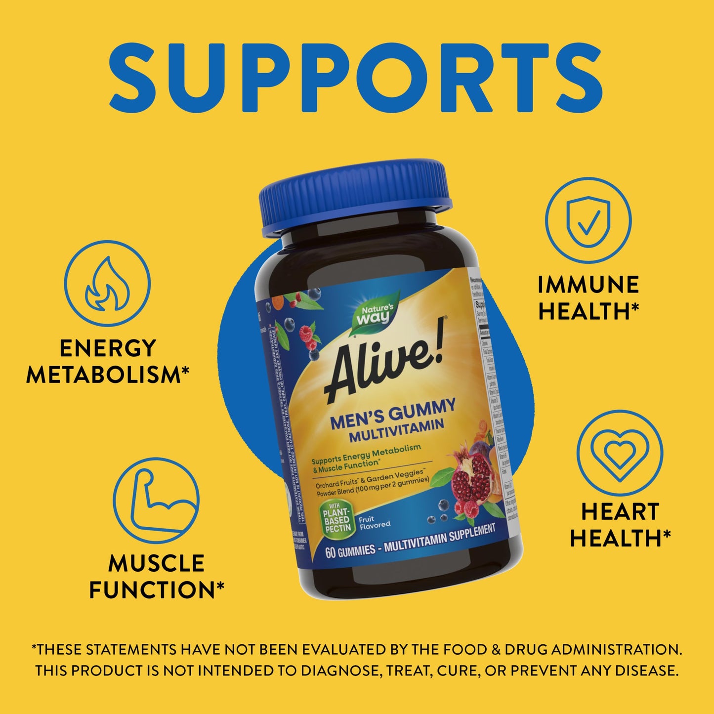 Nature's Way Alive! Men's Daily Gummy Multivitamin, Supports Energy Metabolism*, Muscle Function*, B-Vitamins, Superfood Antioxidants, Gluten-Free, Vegetarian, Fruit Flavored, 60 Gummies