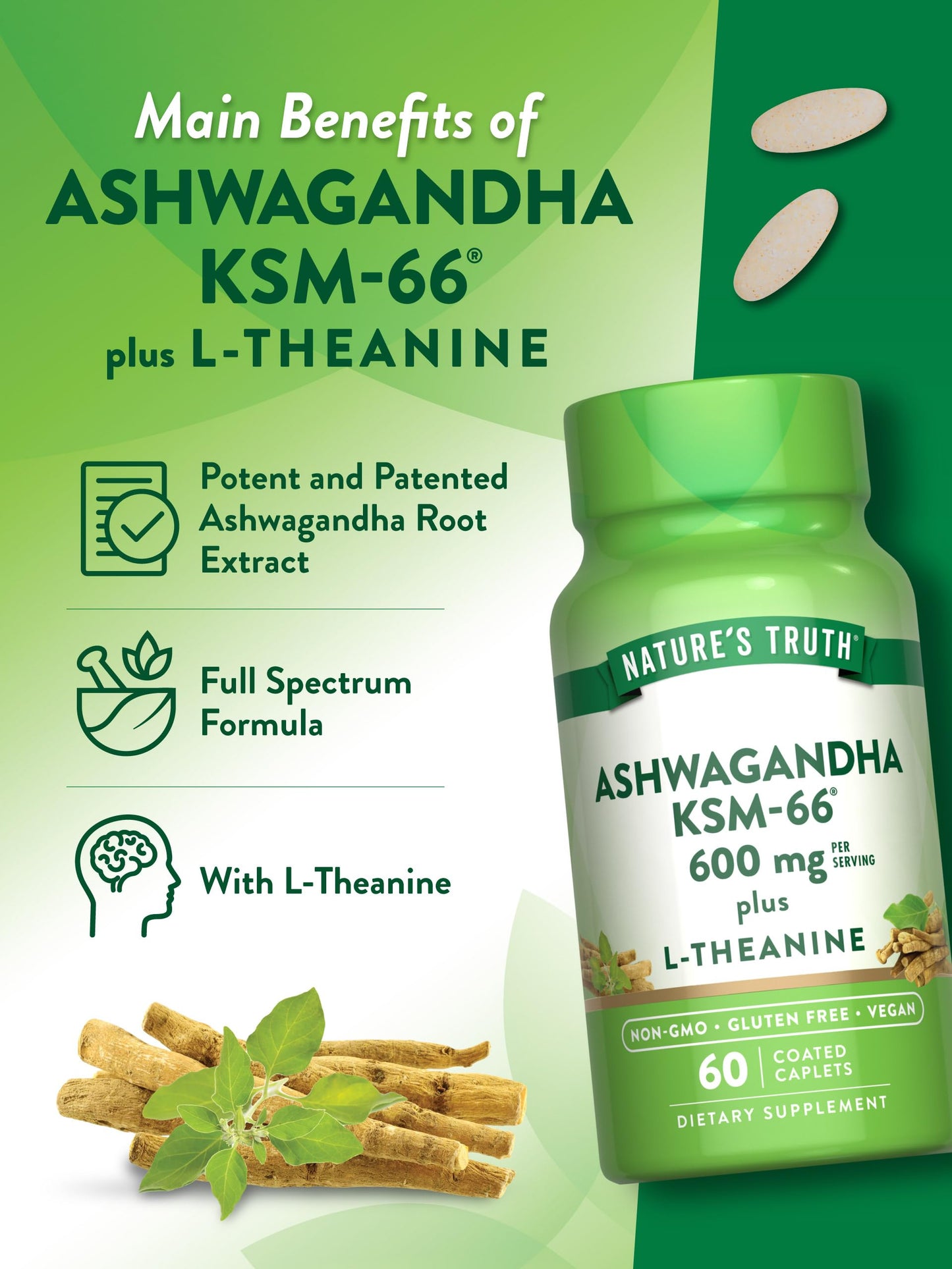 Nature's Truth KSM-66 Ashwagandha | 60 Caplets | with L-Theanine | Vegan, Non-GMO, & Gluten Free Supplement