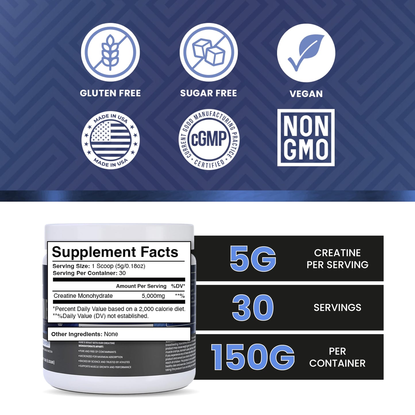 Micronized Creatine Monohydrate Powder, Vegan Creatine Powder Unflavoured, Supplements for Men, Pure Workout Essentials for Women, NSF Certified (150g) (5g Per Serv) (30 Servings) - Vida Fit