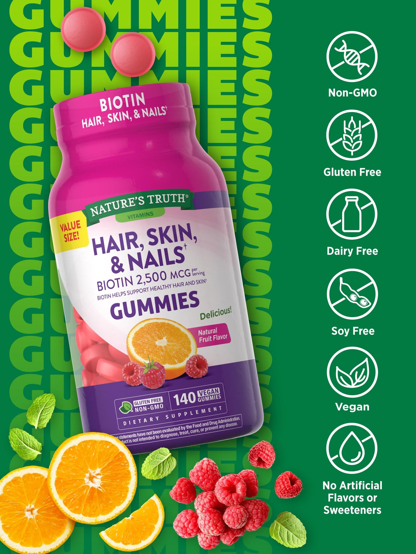Nature's Truth Hair, Skin, and Nails Gummies | with Biotin | 140 Count | Fruit Flavor | Vegan, Non-GMO and Gluten Free Vitamin for Men and Women
