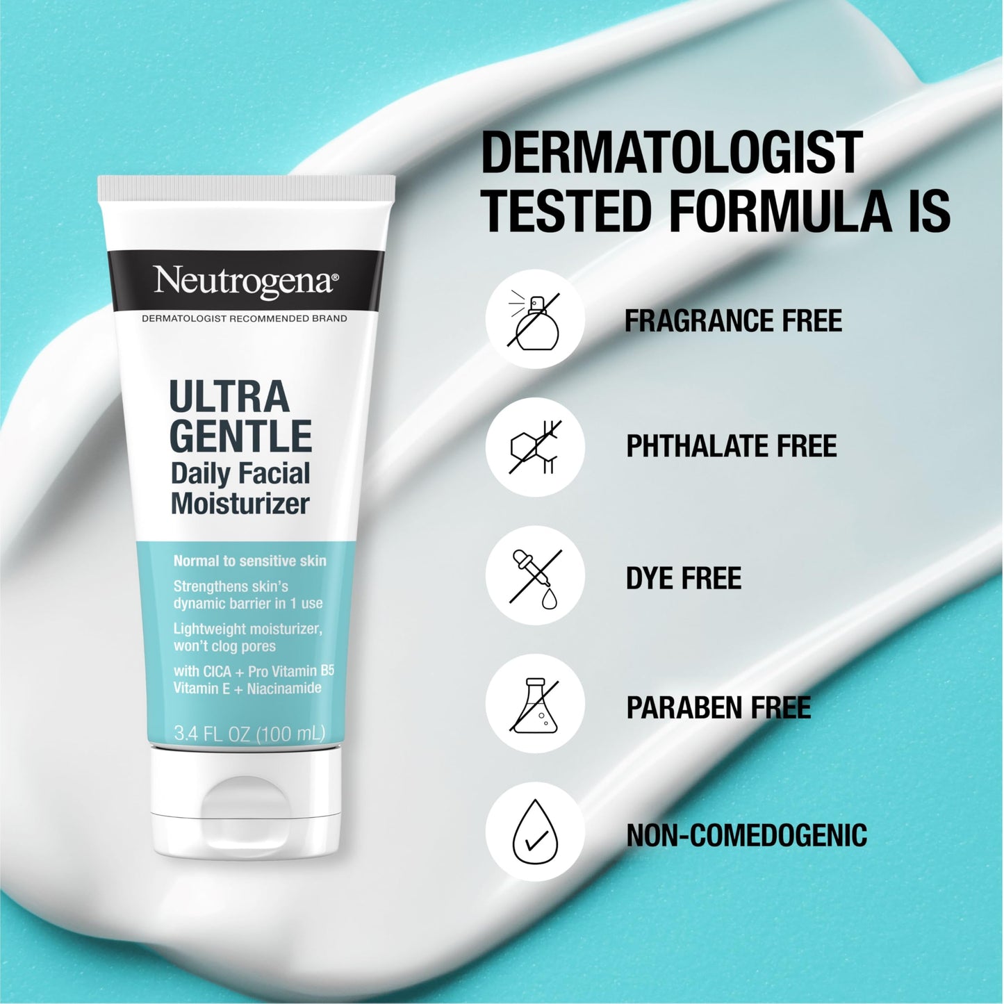 Neutrogena Fragrance Free Daily Facial Moisturizer, Face & Neck Moisturizer for Sensitive Skin with Vitamin B3, Pro-Vitamin B5 & Vitamin E Supports Skin's Dynamic Barrier, 3.4 fl. oz