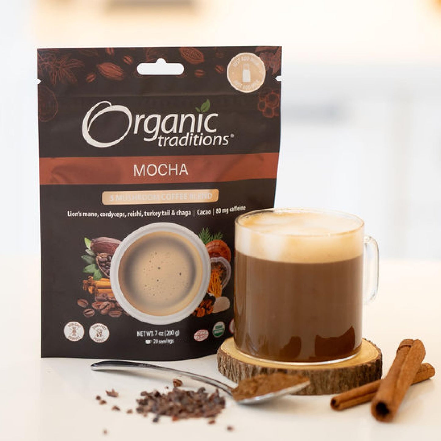 Organic Traditions Mocha Mushroom Coffee – Organic Instant Mushroom Coffee with Cacao, Lion’s Mane, Chaga, Cordyceps, Reishi, Lion's Mane and Turkey Tail - Organic Adaptogen Latte to Support Energy, Focus & Immune Health (20 Servings) - 200g/7oz Bag