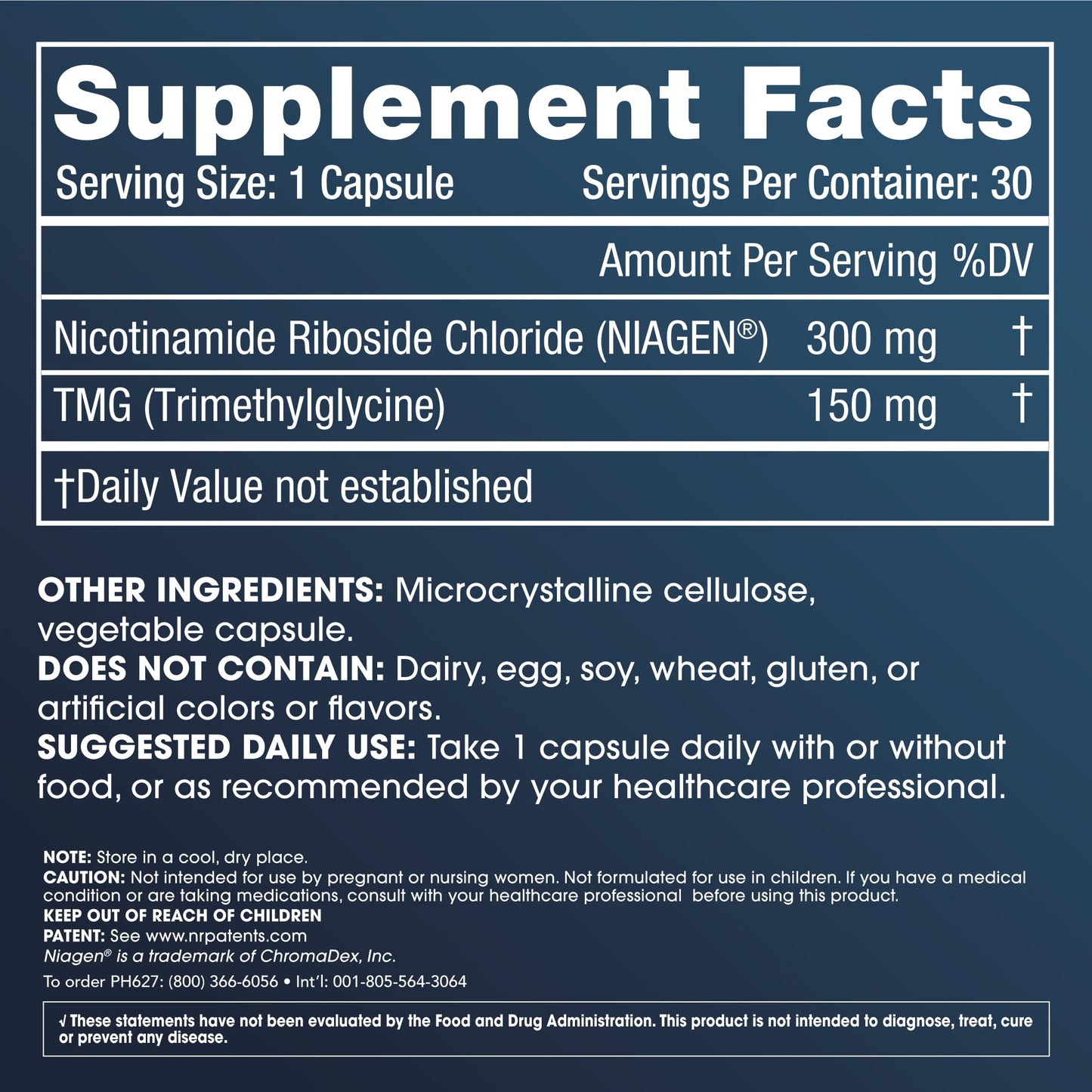 ProHealth Nicotinamide Riboside Pro 300. 300mg Patented Niagen NR (The Active Ingredient in NMN) Plus 150mg TMG. Equivalent to 414mg of NMN. NAD Supplement Boosts NAD. Proven in 300 Studies. 30 svgs