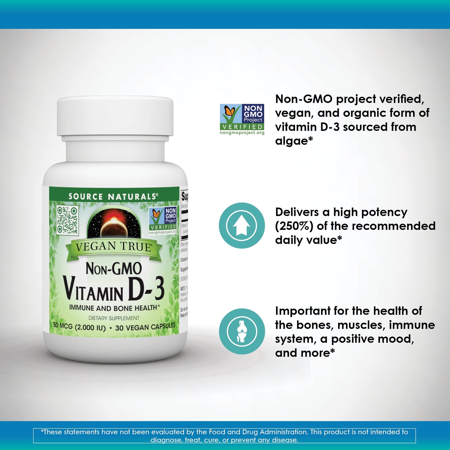 Pre-Order | Arrives in 5–10 Days – Source Naturals Vegan True, Non-GMO Vitamin D-3, Dietary Supplement for Immune and Bone Health*, 2,000 IU - 30 Capsules