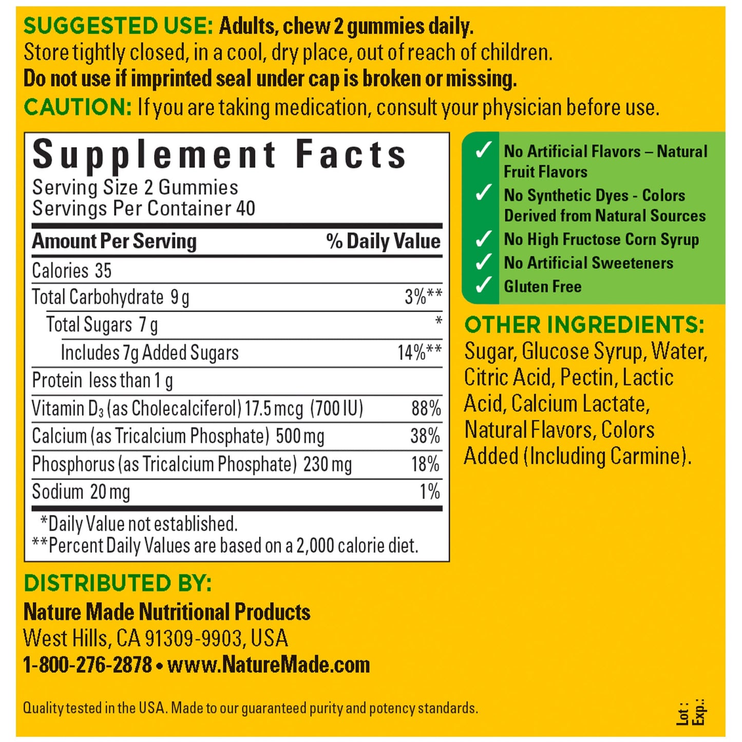 Nature Made Calcium Gummies 500 mg Per Serving with Vitamin D3, Dietary Supplement for Bone Support, 80 Gummies, 40 Day Supply