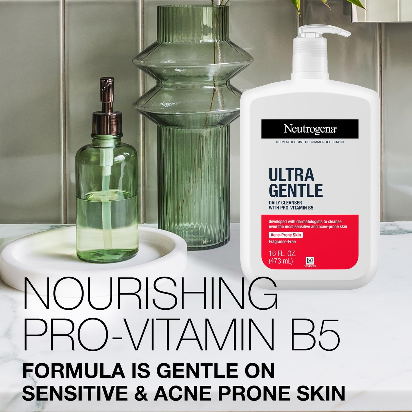 Neutrogena Ultra Gentle Daily Facial Cleanser with Pro-Vitamin B5 for Acne-Prone & Sensitive Skin. Fragrance, Dye, Soap, and Paraben-Free, Hypoallergenic Face Wash, 16 fl. oz