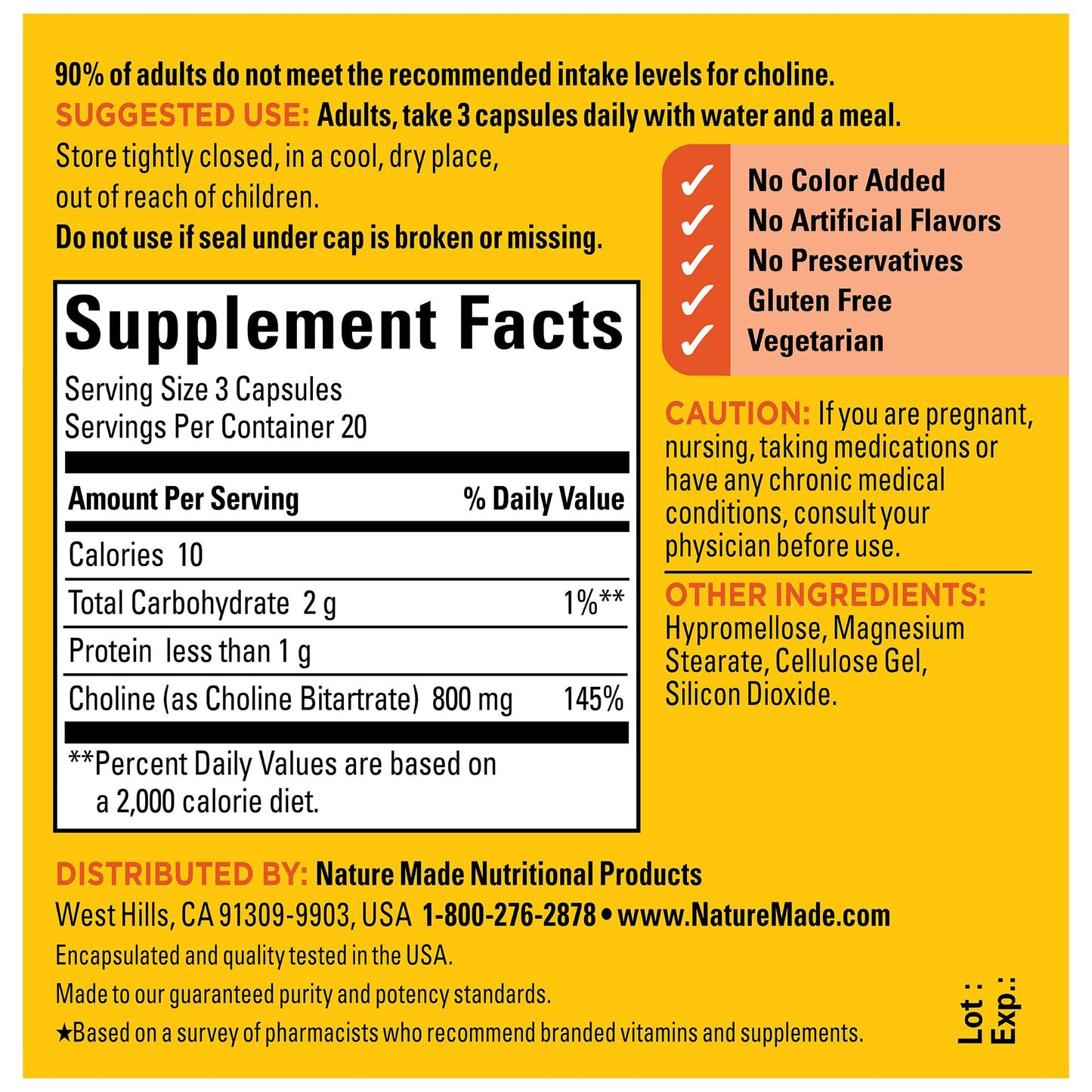 Nature Made Extra Strength Dosage Choline Supplements 800 Mg Per 3 Capsules, Brain Health, Mood, Muscle & Liver Support, Vegetarian, 60 Capsules, 20 Day Supply