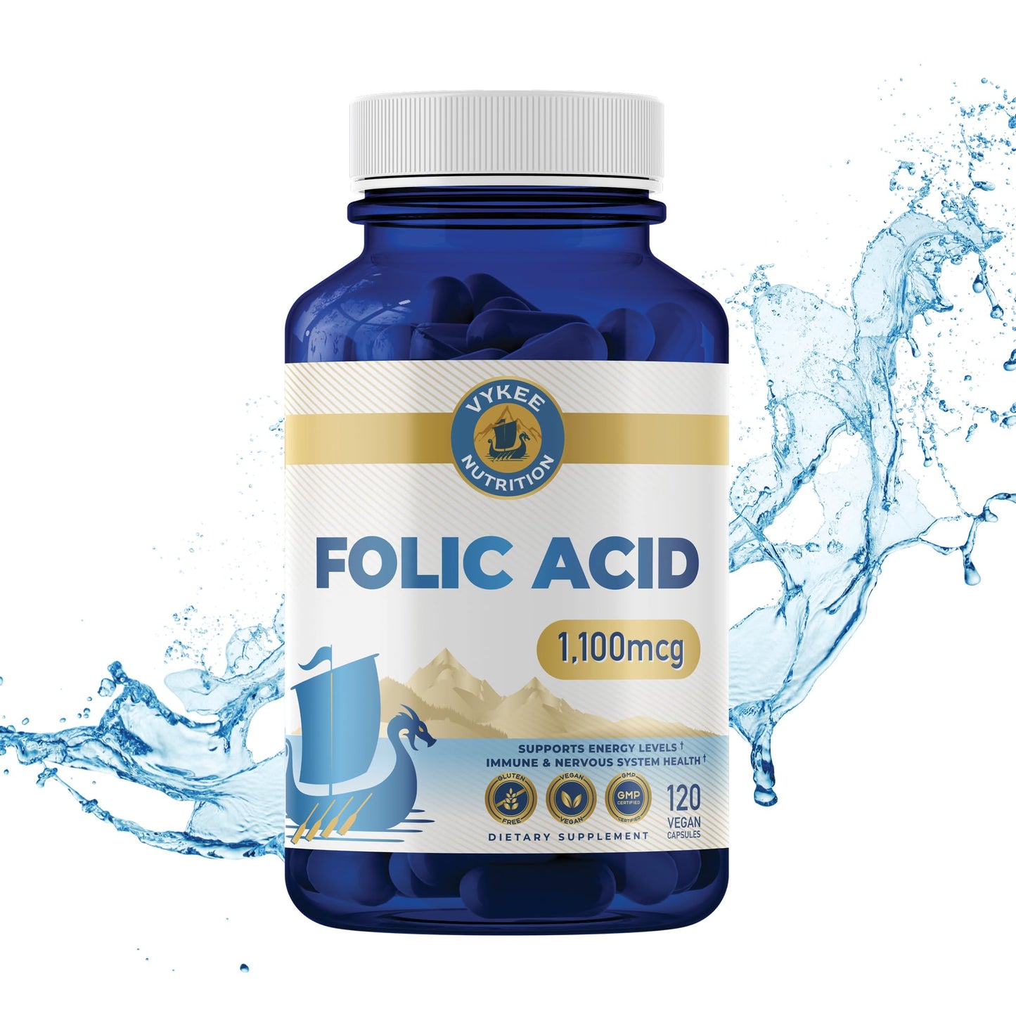 Vykee Nutrition Folic Acid Supplement – High-Potency Vitamin B9 1,870mg DFE Folate, 1,100mg Folic Acid | Vegan, Non-GMO | Supports Cellular Health, Energy Production & Prenatal Wellness | 120 Capsules
