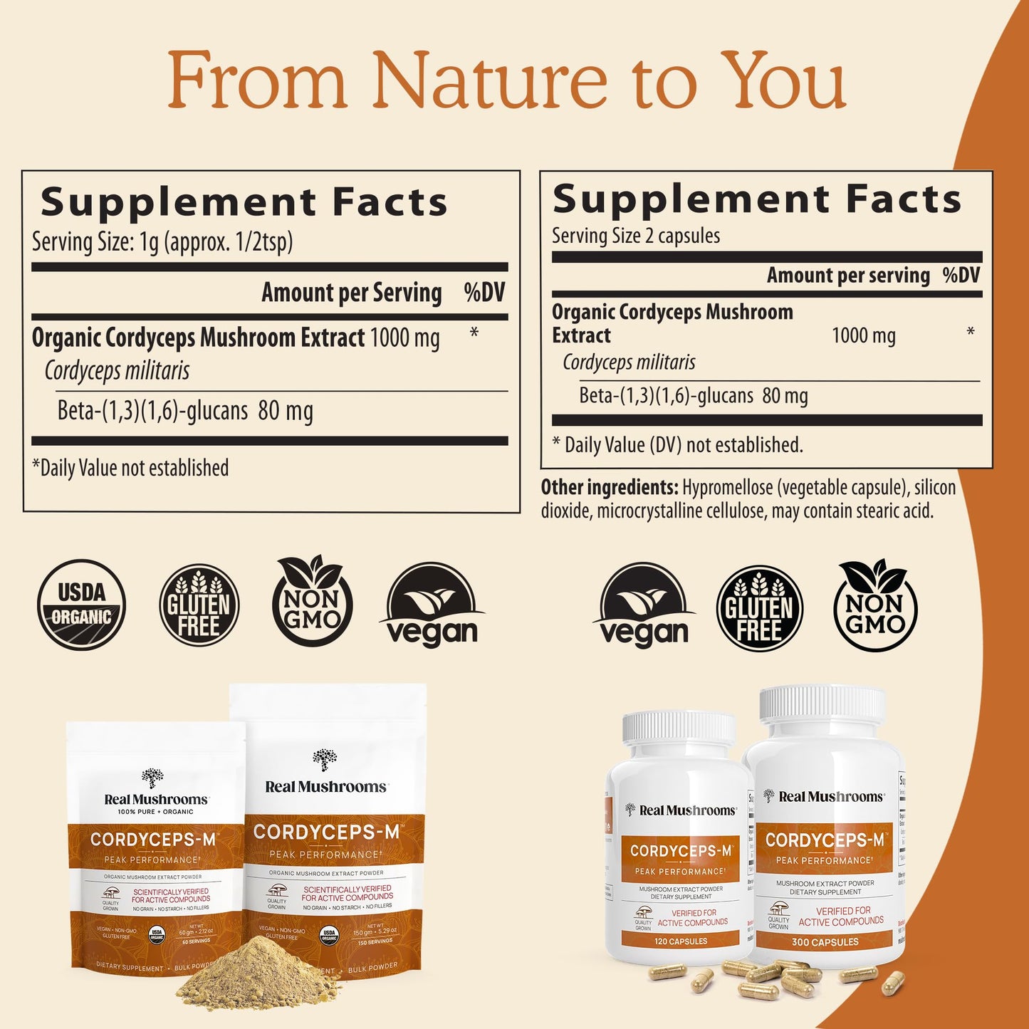 Real Mushrooms Capsules Supplements - Organic Cordyceps Mushroom Powder in Capsules – for Daily Wellness Support – Rich in Beta Glucans - Vegan, Non-GMO, 300 ct Organic Militaris Extract