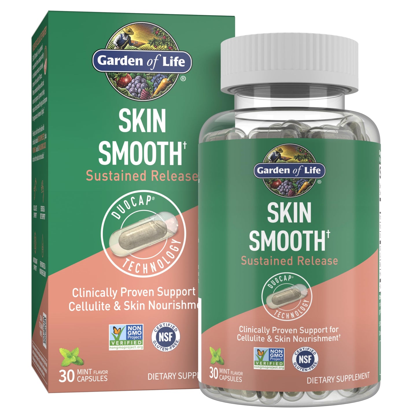 Garden of Life Skin Smooth Sustained Release Duo Caps, Best Skincare Supplement for Smooth, Radiant Skin with Hyaluronic Acid, Vitamins A & C, and SOD B Dimpless, Gluten-Free, 30 Plant-Based Capsules