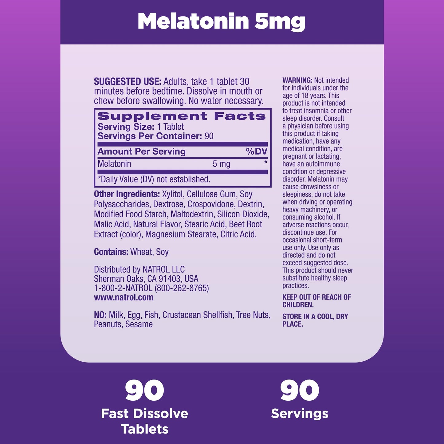 Natrol Fast Dissolve Melatonin 5 mg, Melatonin Supplements for Restful Sleep, Sleep Support for Adults, 90 Strawberry-Flavored Tablets, Up to a 90 Day Supply