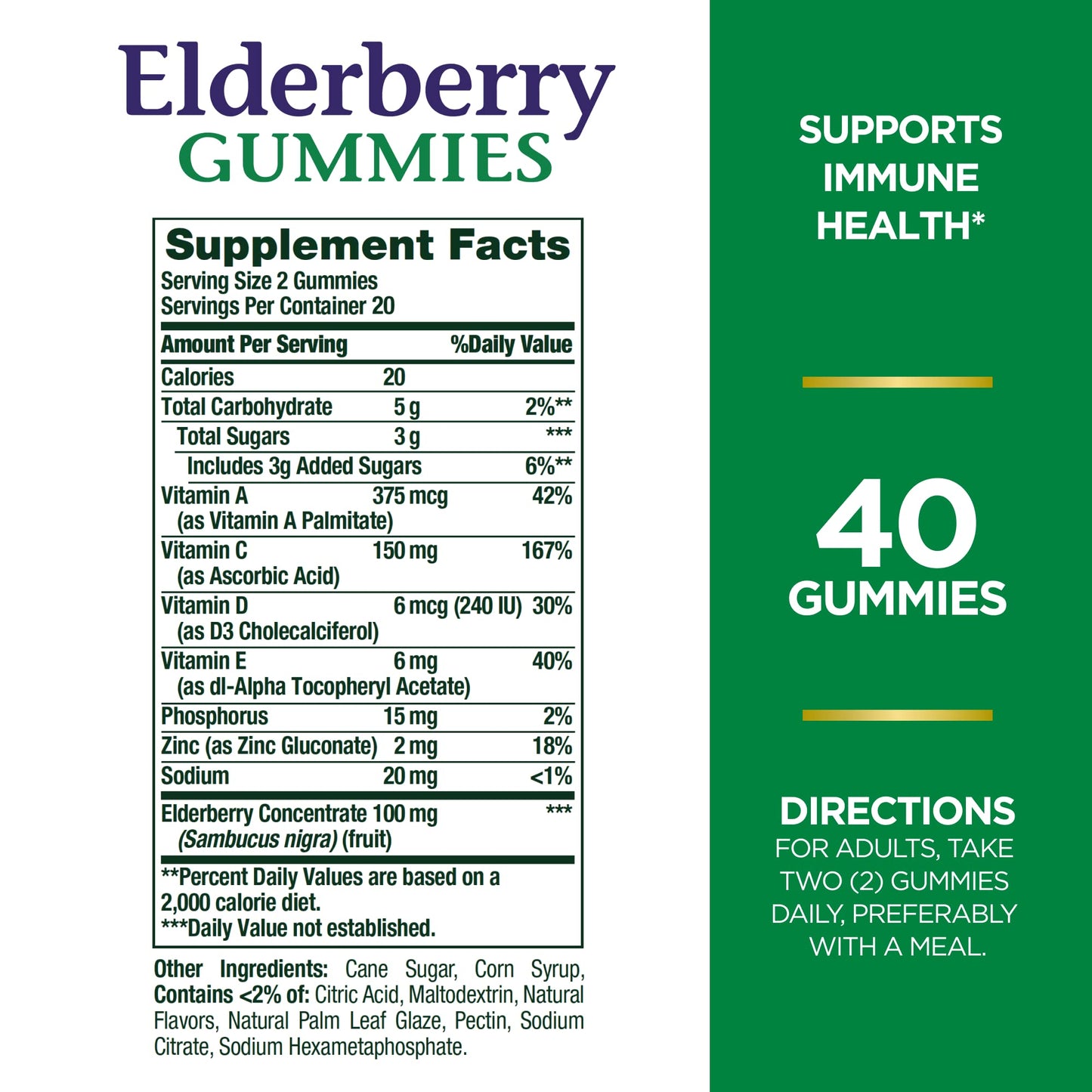 Nature's Bounty Elderberry Gummies, Immune Support, Contains Vitamin A, C, D, E and Zinc, 40 Gummies (Pack of 2)