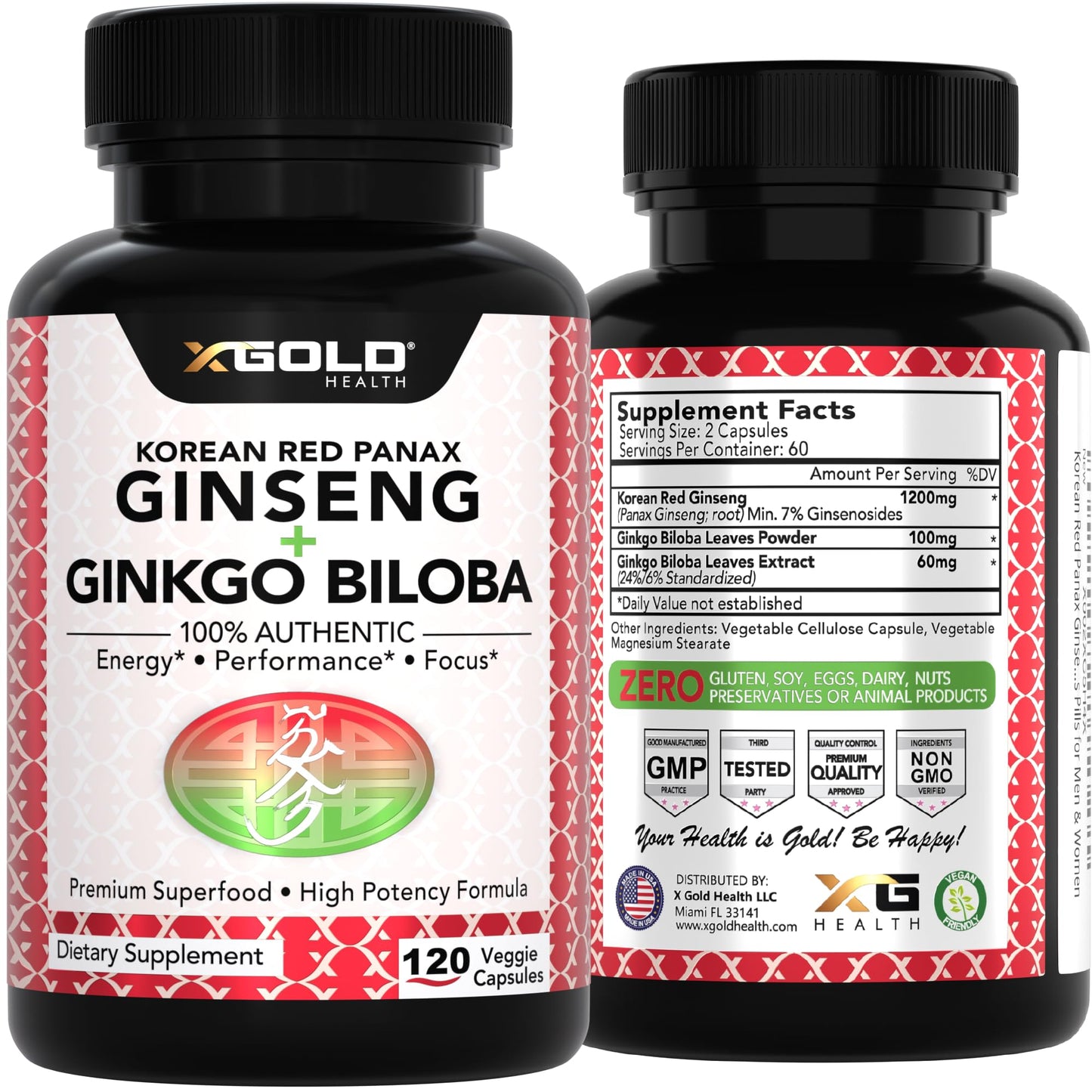 Korean Red Panax Ginseng 1200mg + Ginkgo Biloba -120 Vegan Capsules - High Ginsenosides Extra Strength Root Extract Powder Supplement for Energy, Performance & Focus Pills for Men & Women